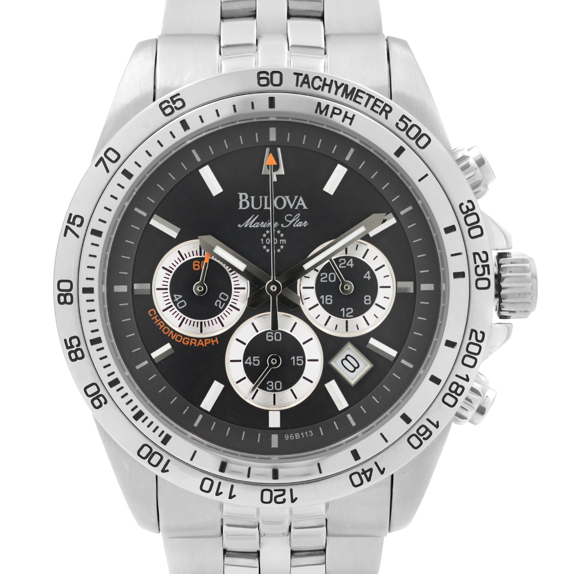 New with Defects Bulova Marine Star Men's Watch 96B113. The Watch has a few Tiny Scratches in the Crystal and has Missing Links. Fits 7.25 inches Wrist Size. This Beautiful Timepiece is Powered by Quartz (Battery) Movement And Features: Stainless