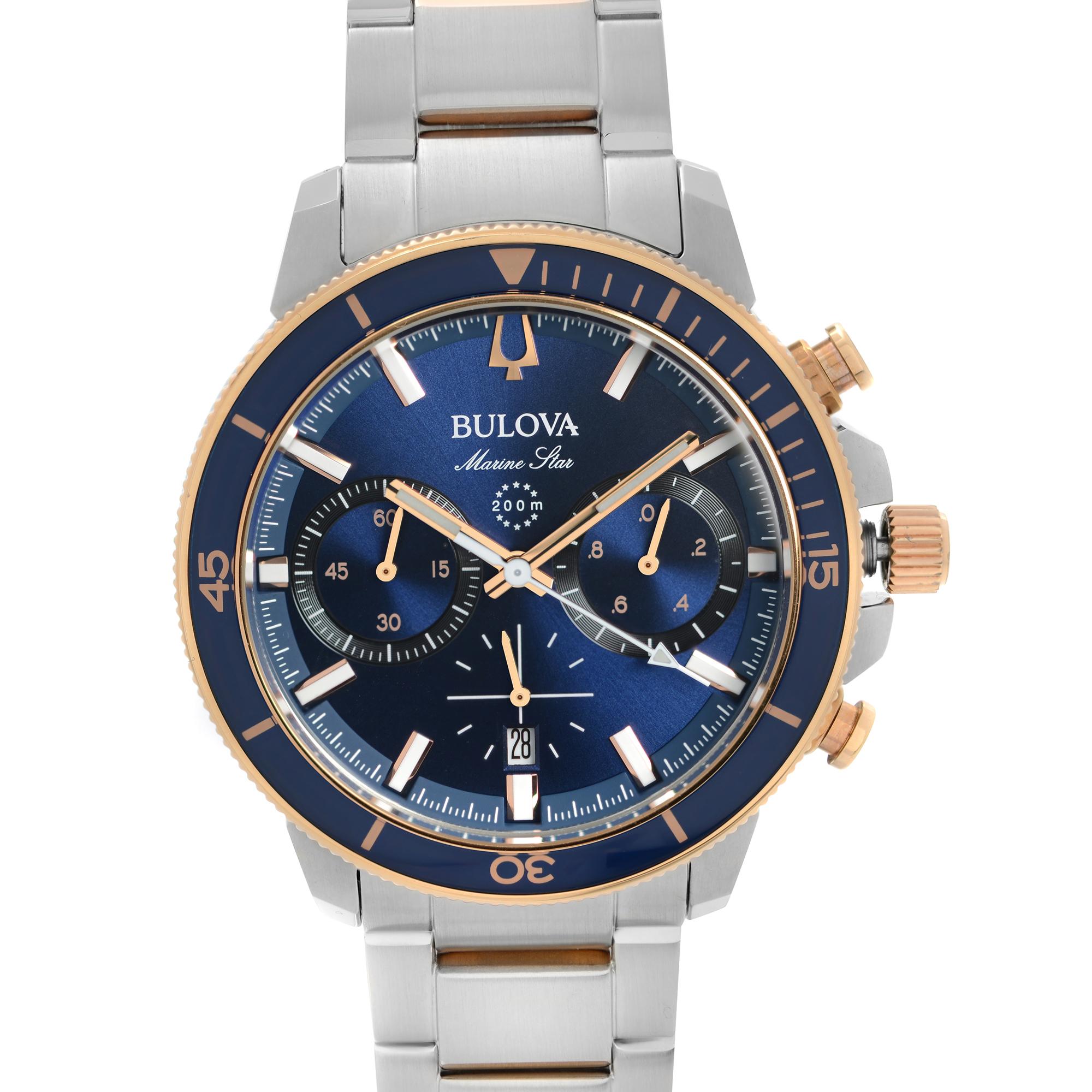 Brand New Bulova Marine Star 98B301. The Watch is powered by a Quartz Movement. This Beautiful Timepiece Features: Brushed Stainless Steel Round Case and Steel with Rose Gold-tone Accents Bracelet. Uni-Directional Rotating Steel with a Blue Glass