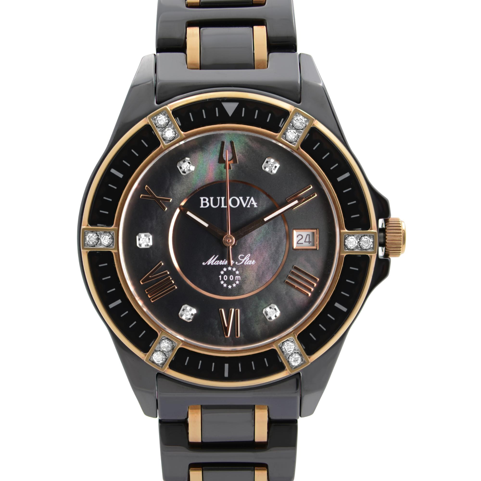 Display Model Bulova Marine Star Ladies Watch 98R242. The Watch has tiny marks on the case back and may have tiny marks on the rose gold parts on bracelet due to store handling. This Beautiful Timepiece Black Ion-Plated Ceramic Case with a Two-Tone