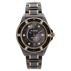 Bulova Marine Star Ceramic Steel Black Diamond Dial Quartz Ladies Watch 98R242