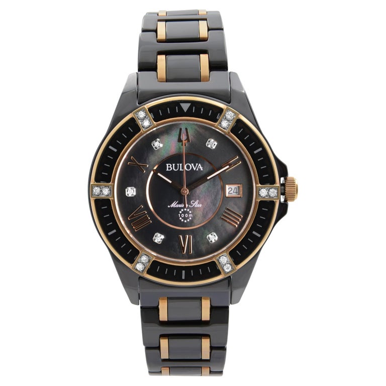 Bulova Marine Star Ceramic Steel Black Diamond Dial Quartz Ladies Watch ...