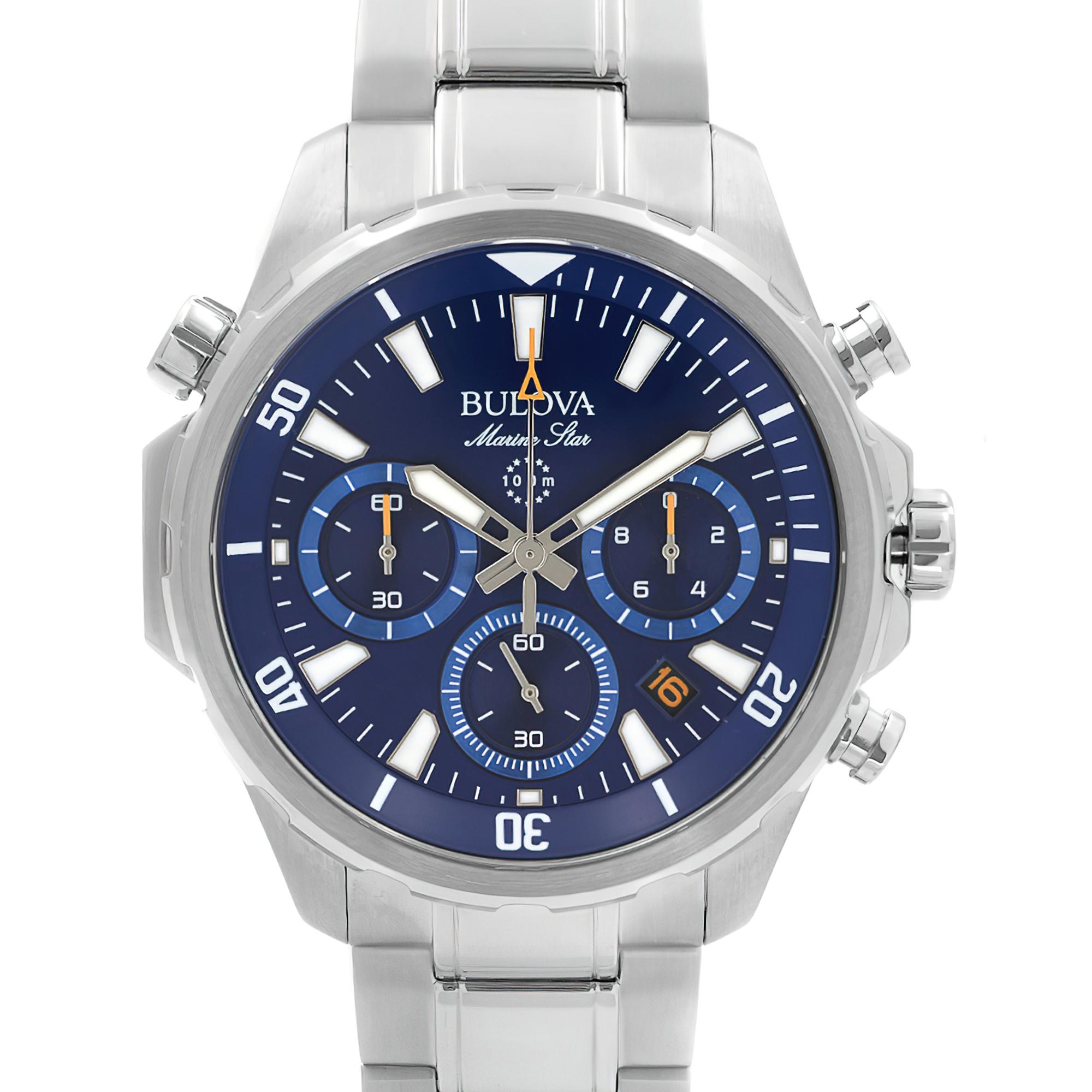 Unworn Bulova Marine Star Quartz Men's Watch 96B256. Original Box and Papers are Included. This Beautiful Timepiece is Powered by Quartz (Battery) Movement And Features: Round Stainless Steel Case and Bracelet. Blue Dial with Luminous Silver-Tone