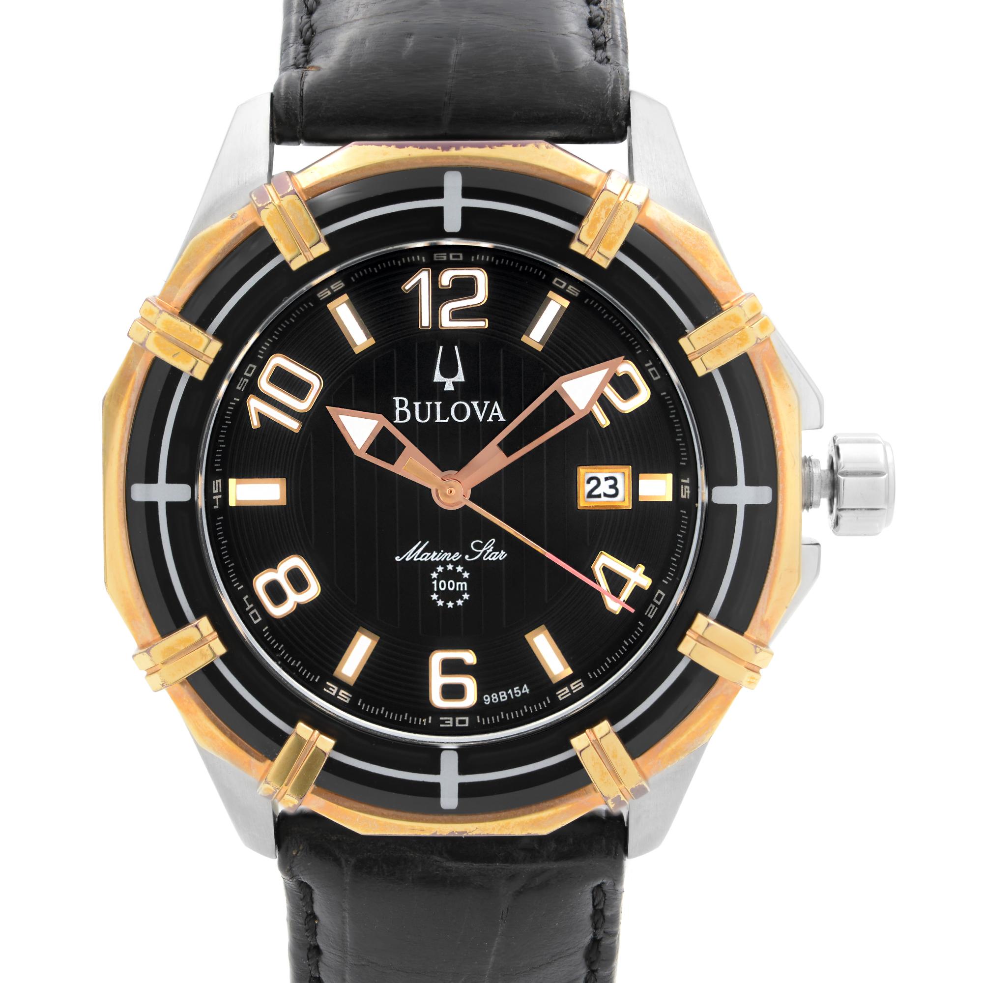 Pre-owned Bulova Marine Star Steel Black Dial Leather Strap Mens Watch 98B154. Minor Signs of Wear on Strap, Micro Scratches and Oxidation on Gold-tone Bezel and Tiny Scratches on Minute Hand. Original Box and Papers are Included. Covered by 1-year
