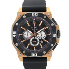 Bulova Marine Star Steel Rose Gold-Tone Black Dial Quartz Mens Watch 98B118