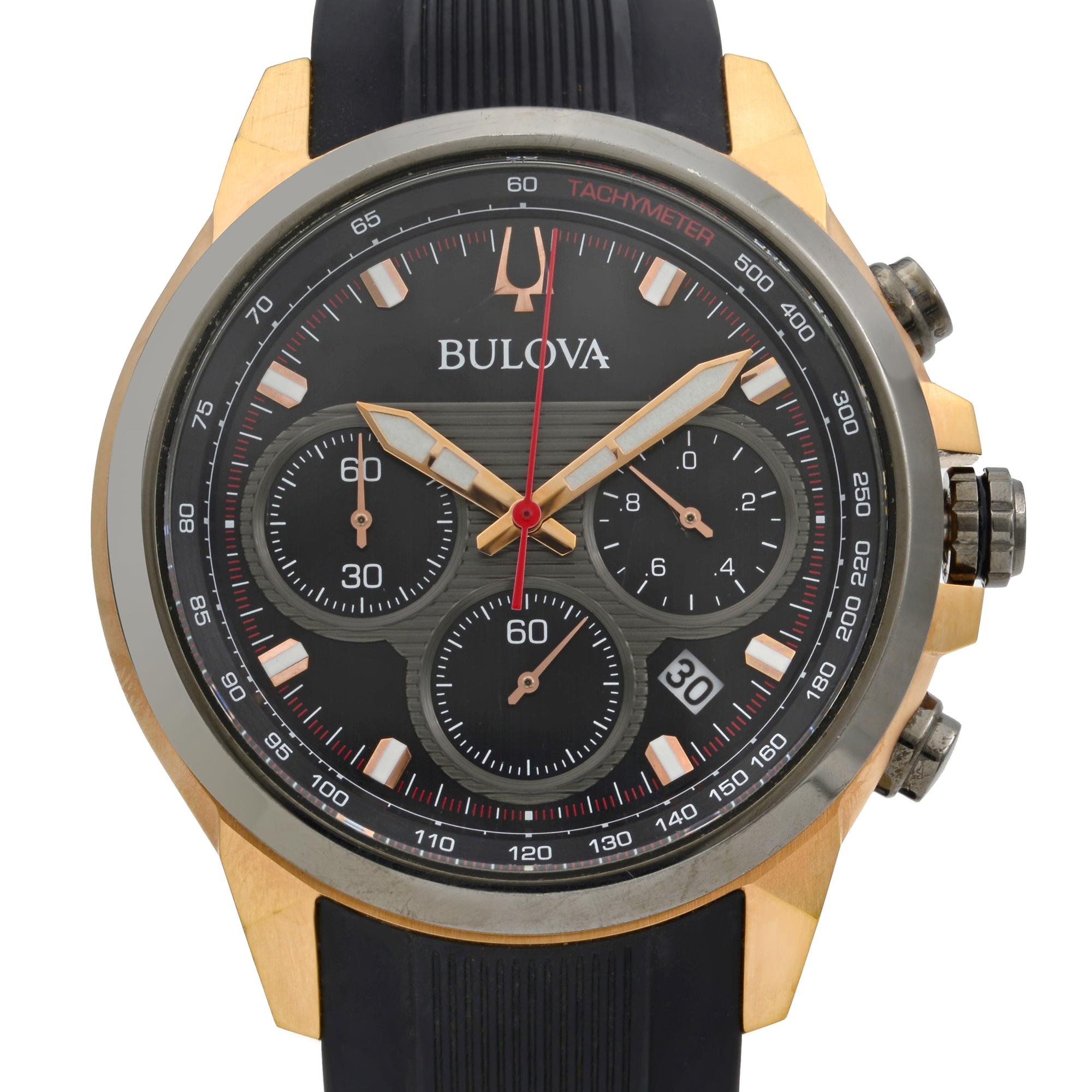 Case Shows Minor Wear Signs and Scratches. the bezel has minor dings on the edges. Original Box and Papers are Included. Covered by 1-year Chronostore Warranty. 
Brand Bulova
Color Black
Department Men
Model Number 98B311
Model Bulova
Style Casual,
