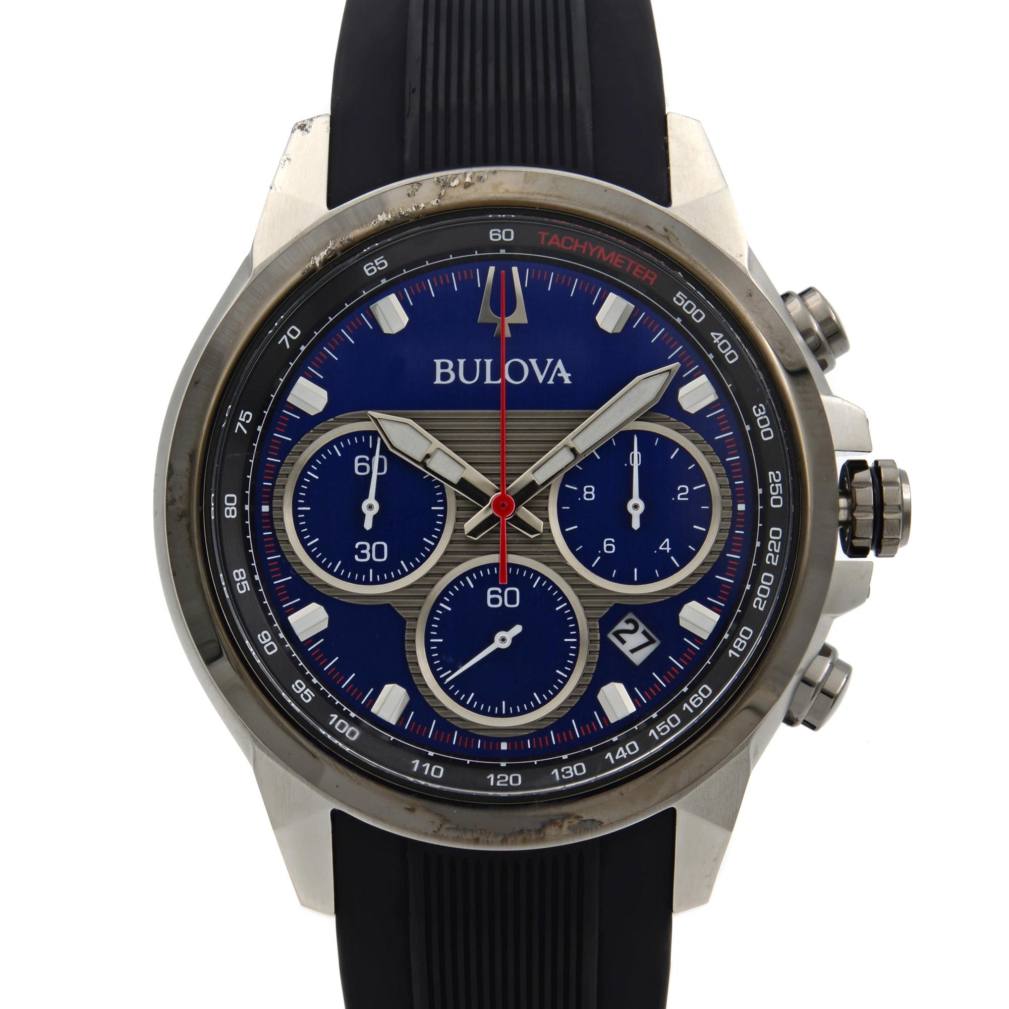 Pre-owned Bulova Marine Star Steel Rubber Chronograph Blue Dial Mens Quartz Watch 98B314. Visible Damage on the Bezel, and Top Left Lug As Seen in Photos. This Time Piece is Powered By a Quartz Battery and Features a Steel Case with a Black Rubber