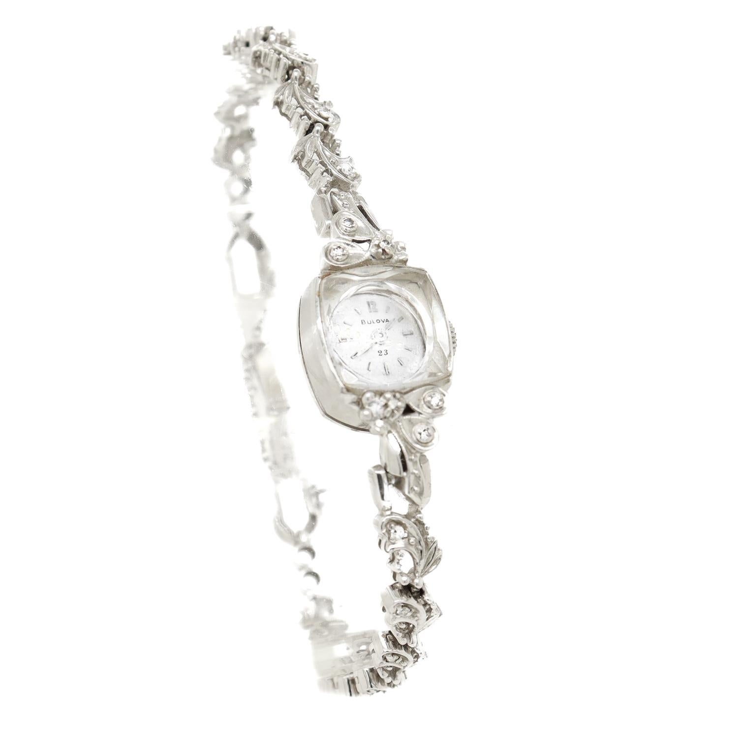 Round Cut Bulova Mid-Century Modern 14k White Gold & Diamond Ladies' Watch