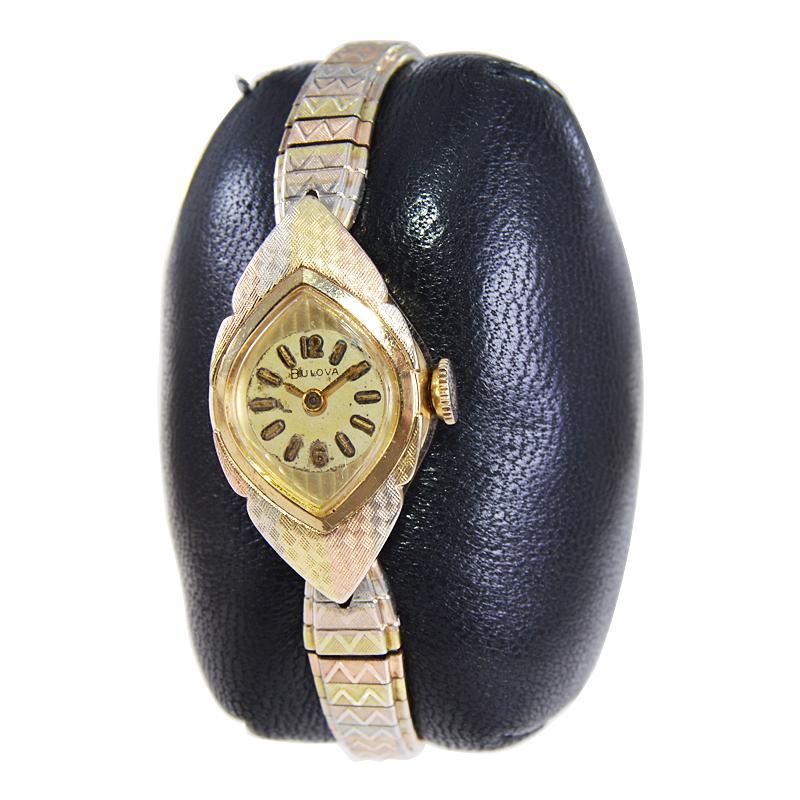 Artisan Bulova Mid Century Vintage Ladies 3 Tone Gold Filled Watch All Original, 1960's For Sale