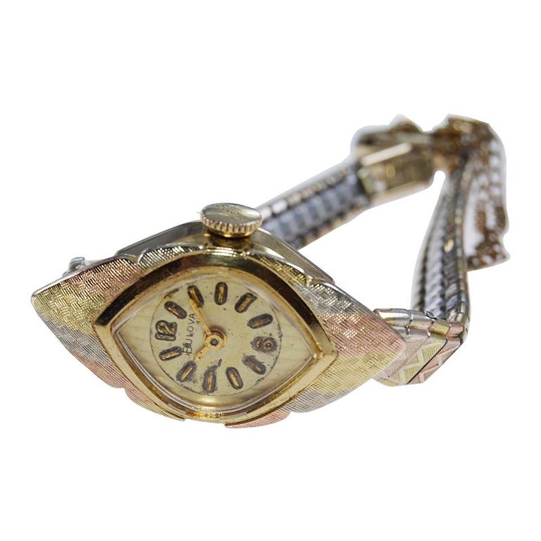 Bulova Mid Century Vintage Ladies 3 Tone Gold Filled Watch All Original
