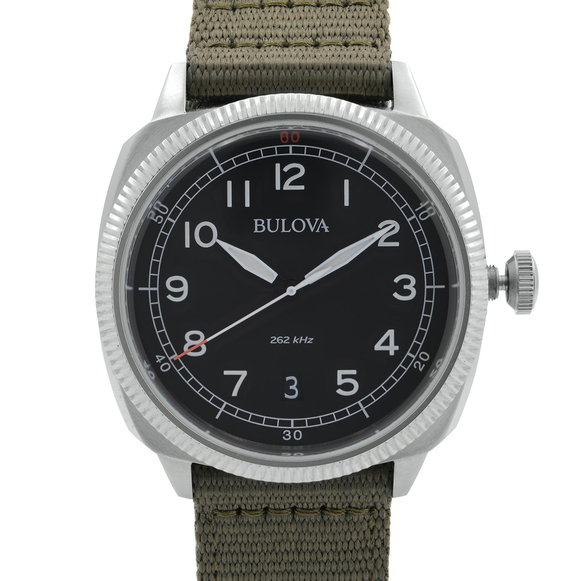 Unworn Bulova Military UHF Steel Black Dial Green Nylon Strap Mens Quartz Watch 96B229. This Beautiful Timepiece is Powered by Quartz (Battery) Movement And Features: Round Stainless Steel Case with a Green Nylon Strap. Fixed Stainless Steel Bezel.