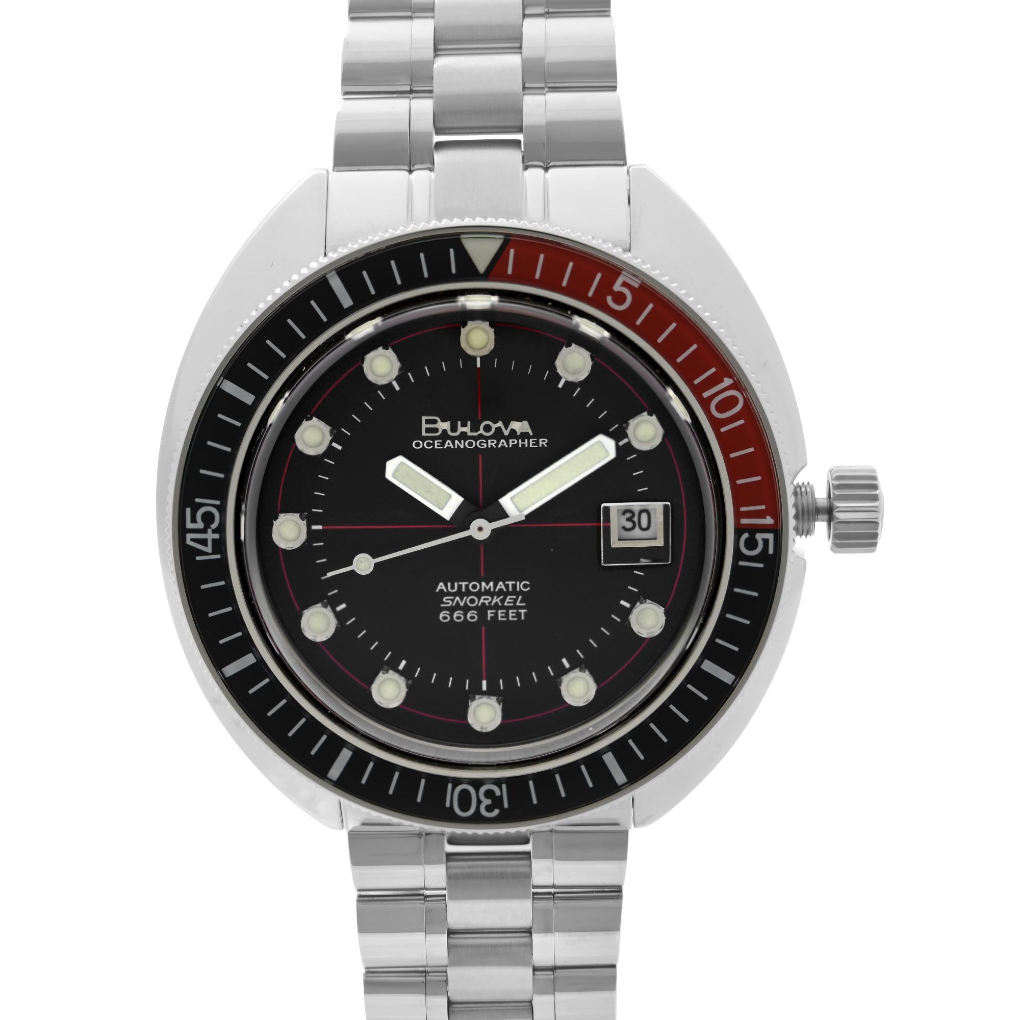 New with Defects Oceanographer Devil Diver Steel Black Dial Automatic Men's Watch 98B320. Small Blemish on the Bezel at 7 o'clock position Under Closer Inspection. This Beautiful Timepiece Features: Stainless Steel Case with a Stainless Steel