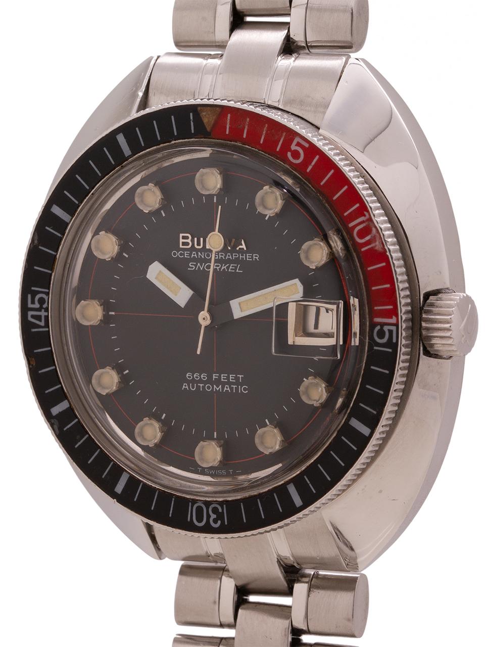 
Bulova Oceanographer Snorkel 666 in stainless steel, circa 1969 diver's model. Featuring 40.5 x 43.5mm tonneau shaped case with black original dial with prominent acrylic pedestal style indexes, printed cross hairs and applied Bulova logo. Self