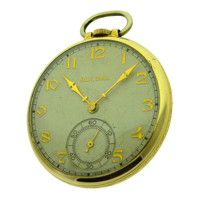 FACTORY / HOUSE: Bulova Watch Co.
STYLE / REFERENCE: Open Faced Pocket Watch
METAL / MATERIAL: Yellow Gold Filled
CIRCA / YEAR: 1940's
DIMENSIONS / SIZE: Diameter 43mm
MOVEMENT / CALIBER: Manual Winding / 15 Jewels / Cal. 17 AH
DIAL / HANDS: