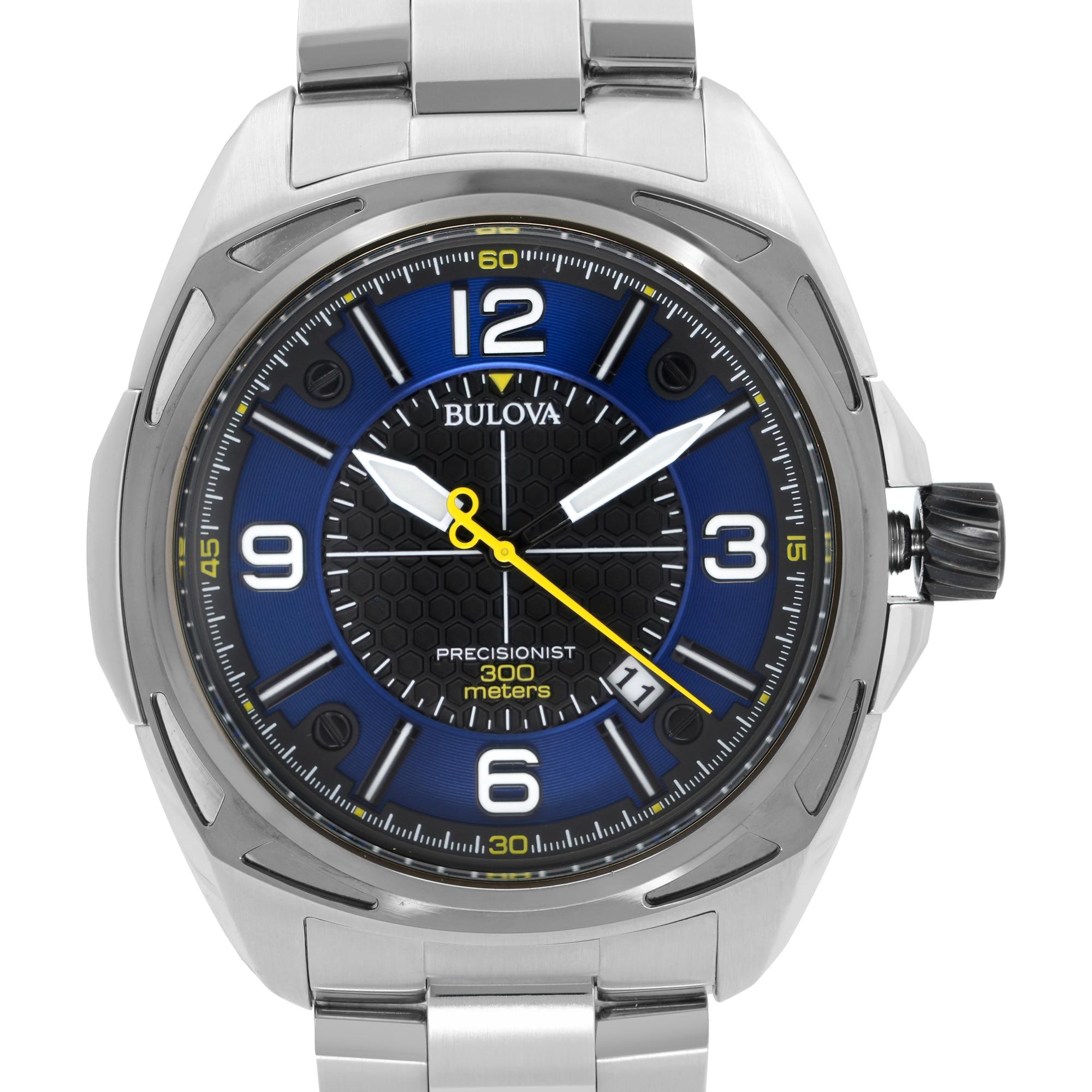 Pre-owned Bulova Precisionist Quartz Men's Watch 98B224. The Watch Has a Couple of Dents on the Bezel. This Beautiful Timepiece Features: Stainless Steel Case and Bracelet, Fixed Black Ion-Plated Bezel, Blue & Black Dial with Luminous White & Black