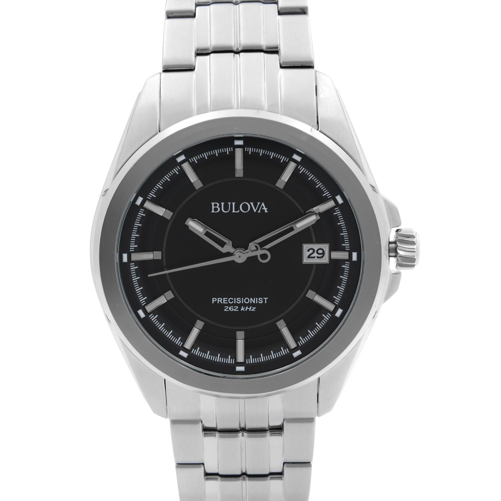 Unworn Bulova Precisionist 96B252. The Timepiece May Have Missing Tags. The Watch is empowered by a Quartz Movement. This Beautiful Timepiece Features: Stainless Steel & Bracelet. Fixed Steel Bezel. Black Dial with Silver-Tone Luminous hands and