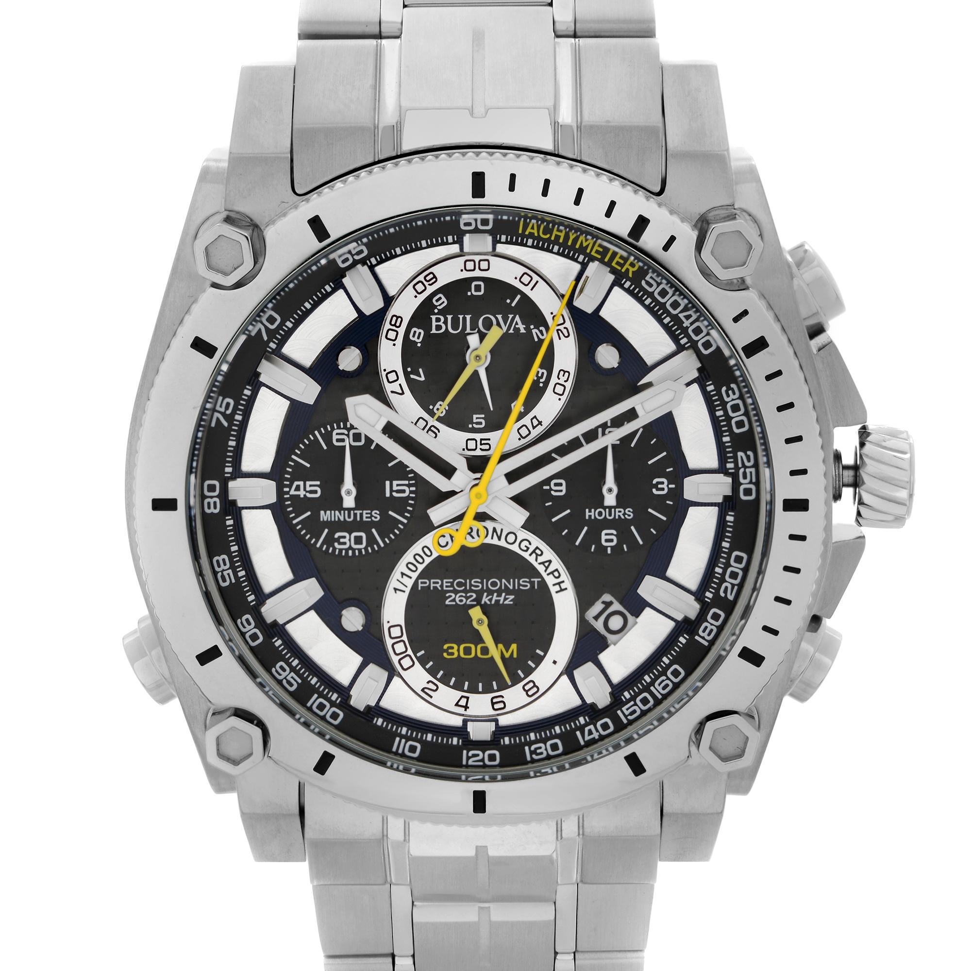 Unworn Bulova Precisionist Men's Watch 96B175. This Beautiful Timepiece is Powered by High Performance Quartz (Battery) Movement And Features: Round Stainless Steel Case & Bracelet, Fixed Stainless Steel Bezel. Black Dial with Luminous Silver-Tone