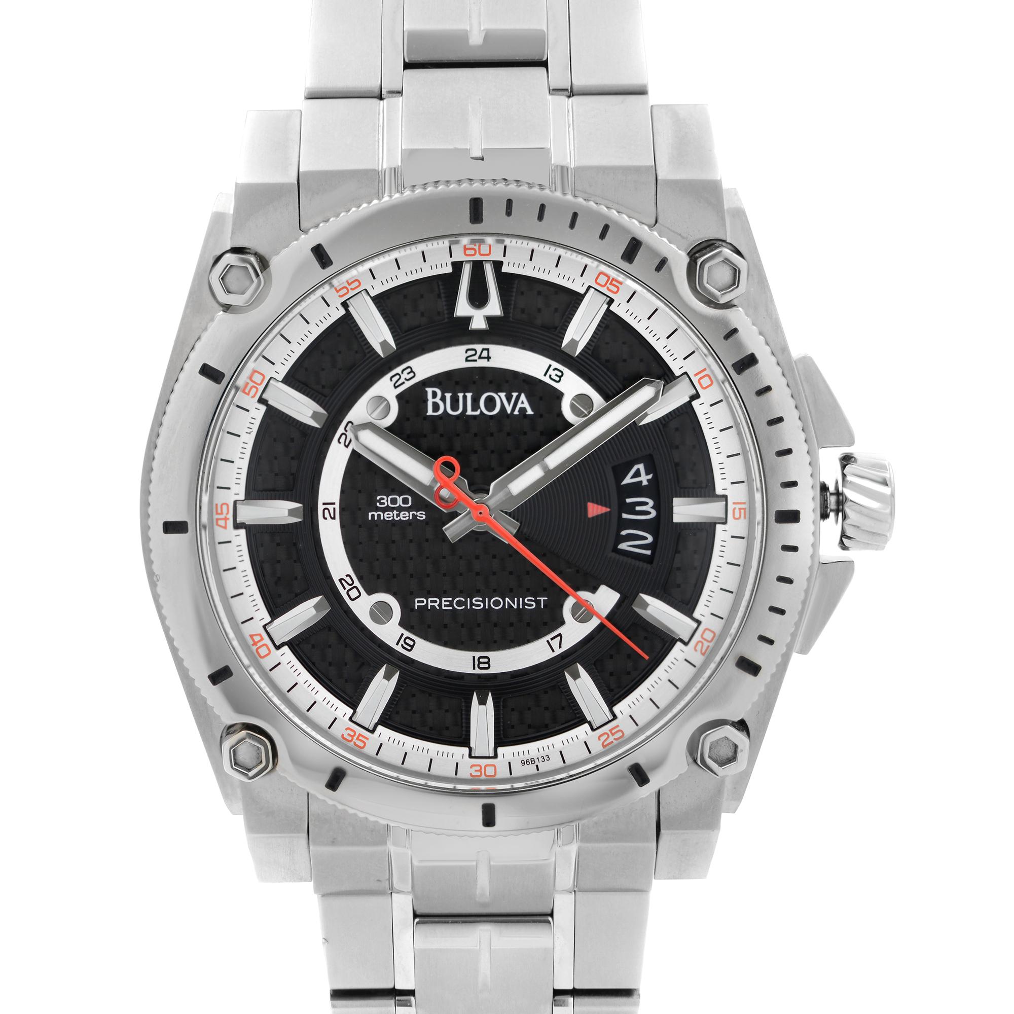 Unworn Bulova Precisionist 96B133. This Beautiful Timepiece is Powered by Quartz (Battery) Movement And Features: Round Titanium Case with a Titanium Bracelet. Fixed Stainless Steel bezel. Black Dial with Luminous Silver-Tone Hands and Index Hour