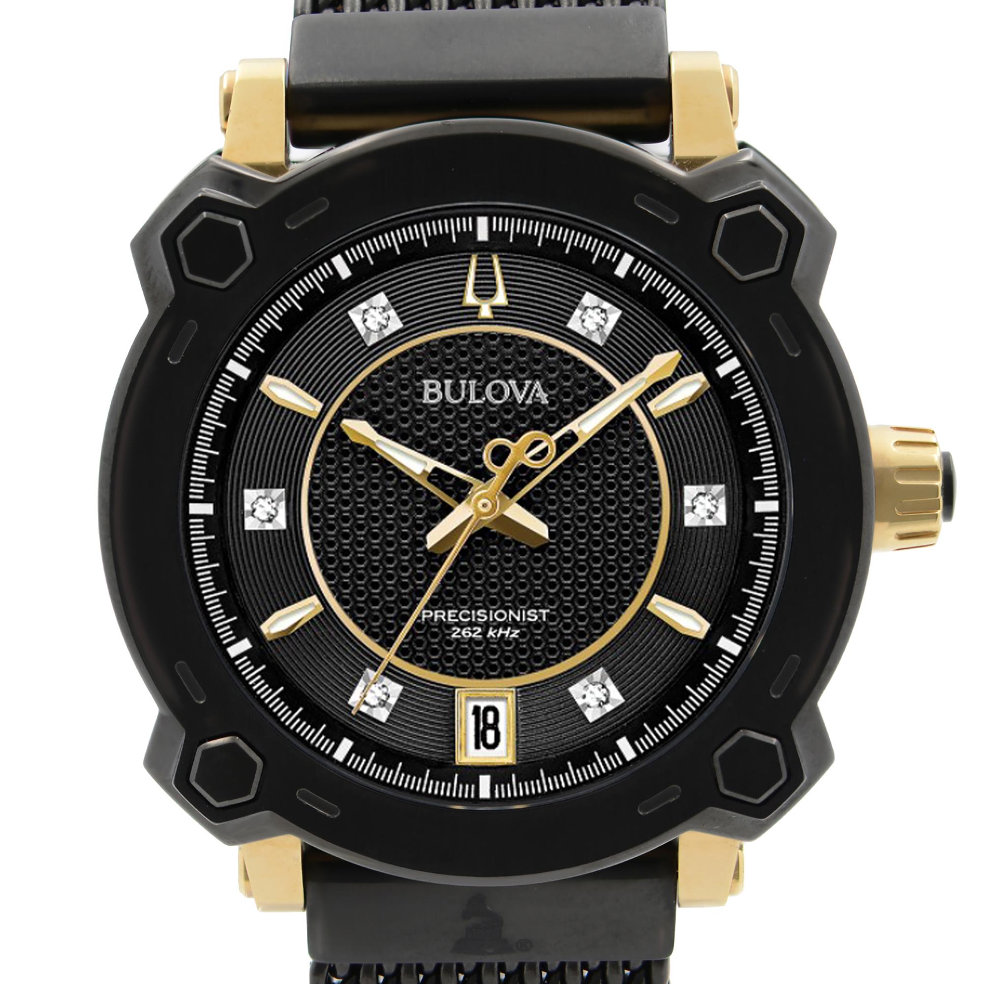 Display Model Bulova Precisionist Grammy Steel Black Diamond Dial Ladies Quartz Watch 98P173. The Watch Has Minor Blemishes Due To Storing. This Beautiful Timepiece Features: Yellow Gold-Tone and Black IP Stainless Steel Case with a Black IP