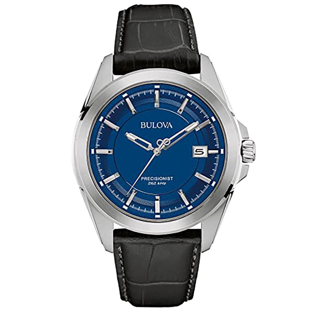 New with Defects Bulova Precisionist 96B257. The Watch Has a Little Damages on the Inner Part of the Leather Strap and a Small Imperfection on the Crystal. This Beautiful Timepiece Features: Stainless Steel Case and Two-Piece Leather Strap. Blue