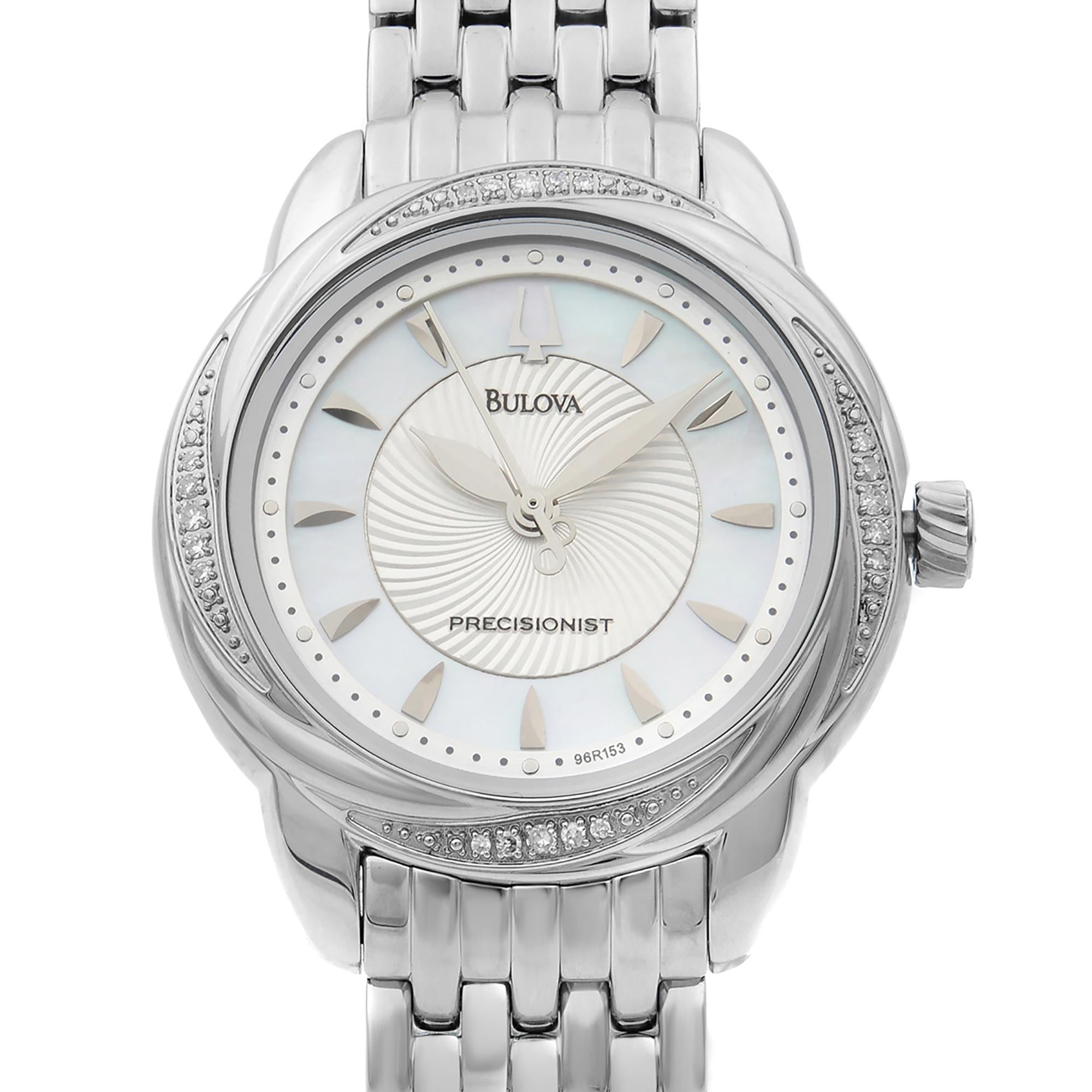 This pre-owned Bulova 96R153 Watch is a beautiful women's timepiece that is powered by quartz (battery) movement which is cased in a stainless steel case. It has a round shape face. Fixed stainless steel bezel set with 20 diamonds. Mother of pearl