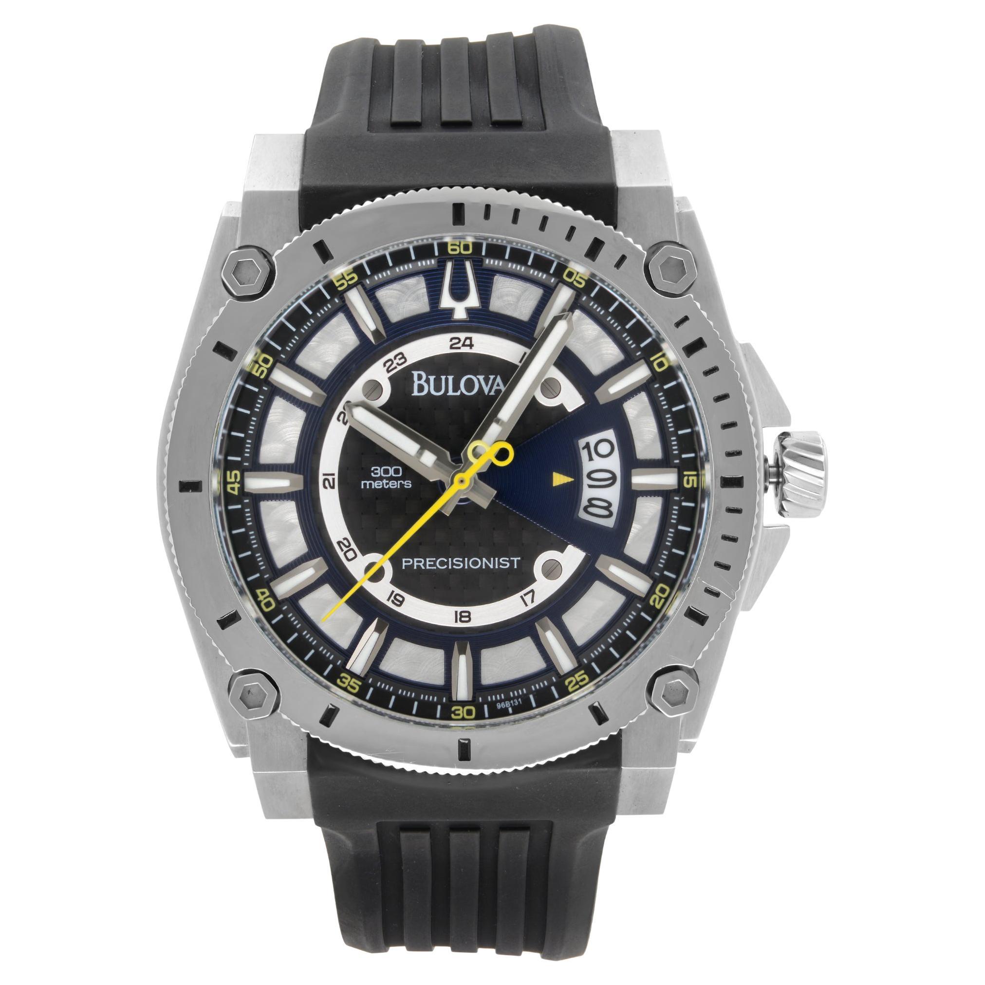 Bulova Precisionist Steel Black Silver Dial Rubber Band Quartz Mens Watch 96B131