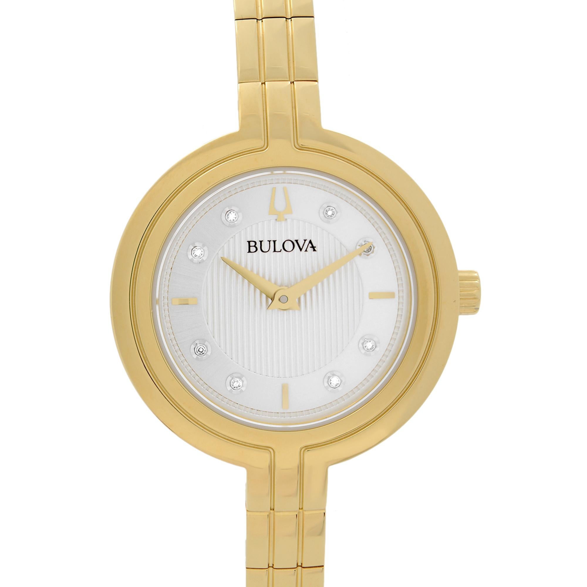 Display Model Bulova Rhapsody Quartz Watch 97P144. The Watch Might have Minor Blemishes from Storing. Original Box and Papers are Included. This Beautiful Timepiece is Powered by Quartz (Battery) Movement And Features: Round Gold-tone Stainless
