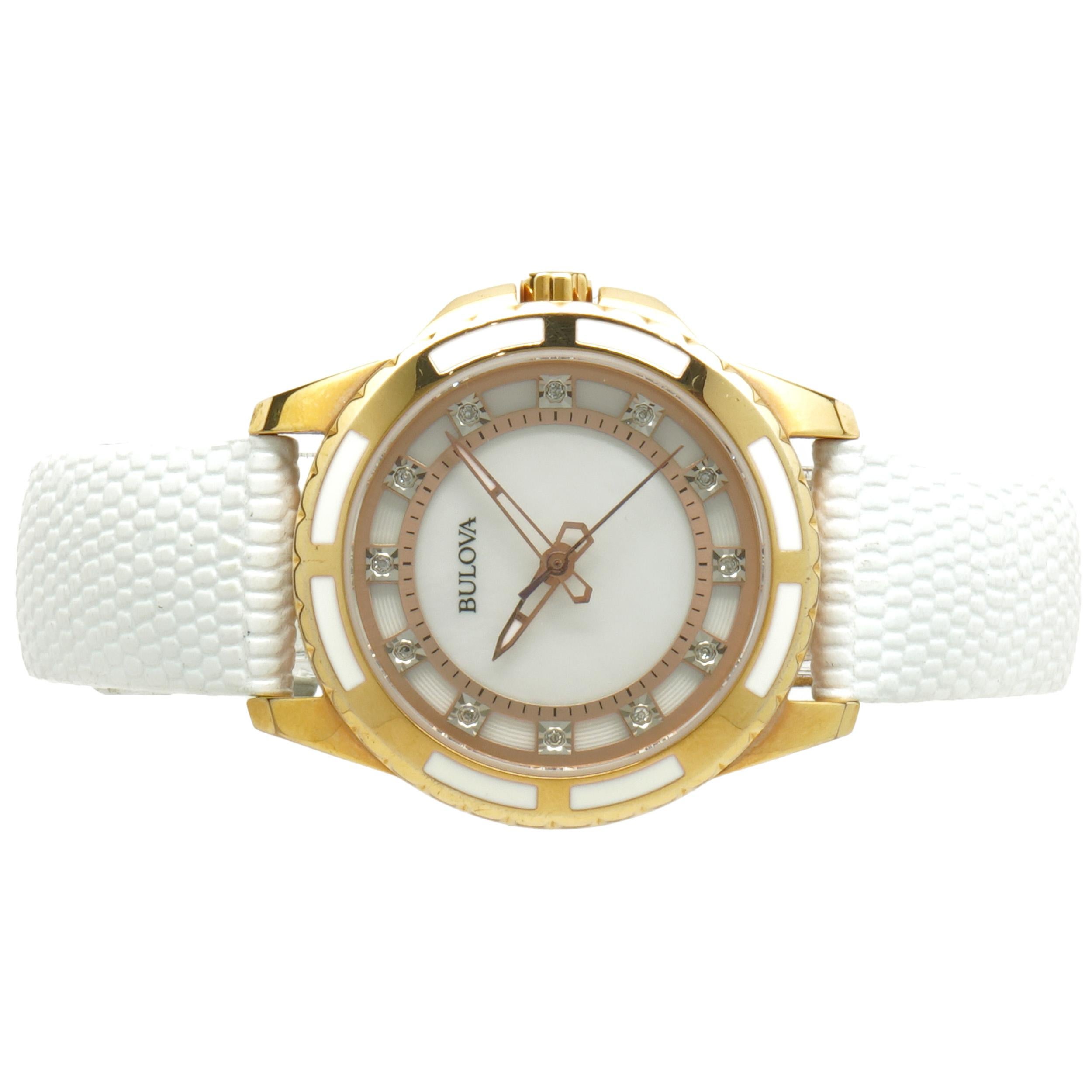 Movement: Quartz
Function: hours, minutes, seconds
Case: 32mm rose gold plated case, sapphire crystal, smooth bezel
Band: White leather strap, buckle
Dial: mother of pearl, diamond markers
Serial: 17266XXX
Reference # 98P119
 
No box or papers