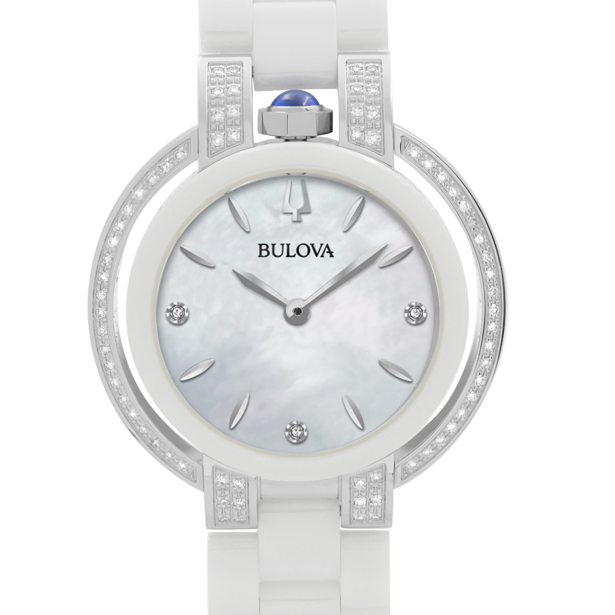 Unworn Bulova Rubaiyat 35mm White Ceramic Steel MOP Dial Quartz Ladies Watch 98R265. This Beautiful Timepiece is Powered by Quartz (Battery) Movement And Features: Round Stainless Steel & Ceramic Case with a Ceramic Bracelet, Fixed Ceramic Bezel, 73