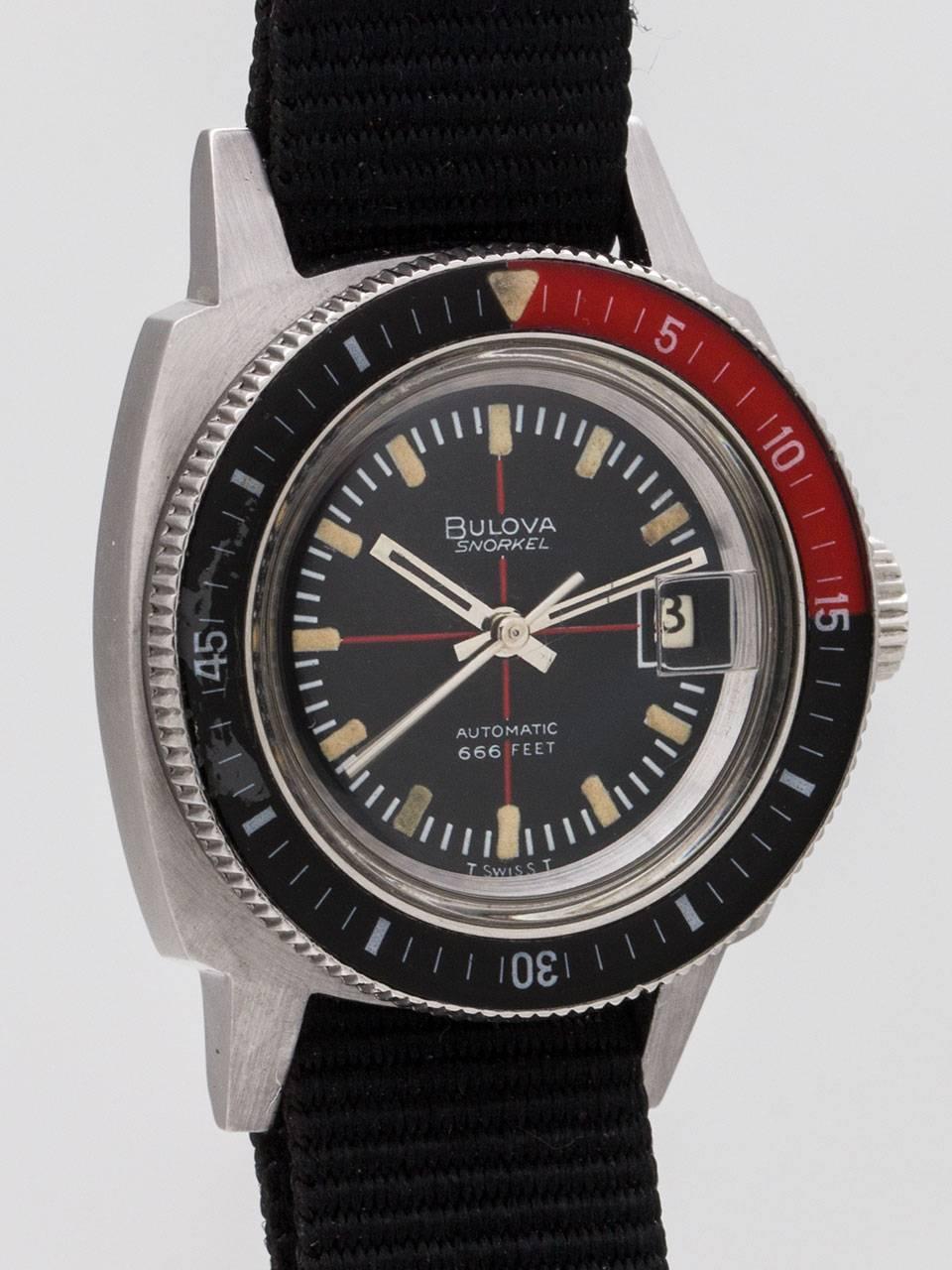 
Great looking and design vintage lady’s Bulova “Snorkel” diver’s model circa 1968. Featuring 26 x 34mm  cushion shaped case with screw down case back, with raised elapsed time brightly colored red and black rotating elapsed time bezel, original