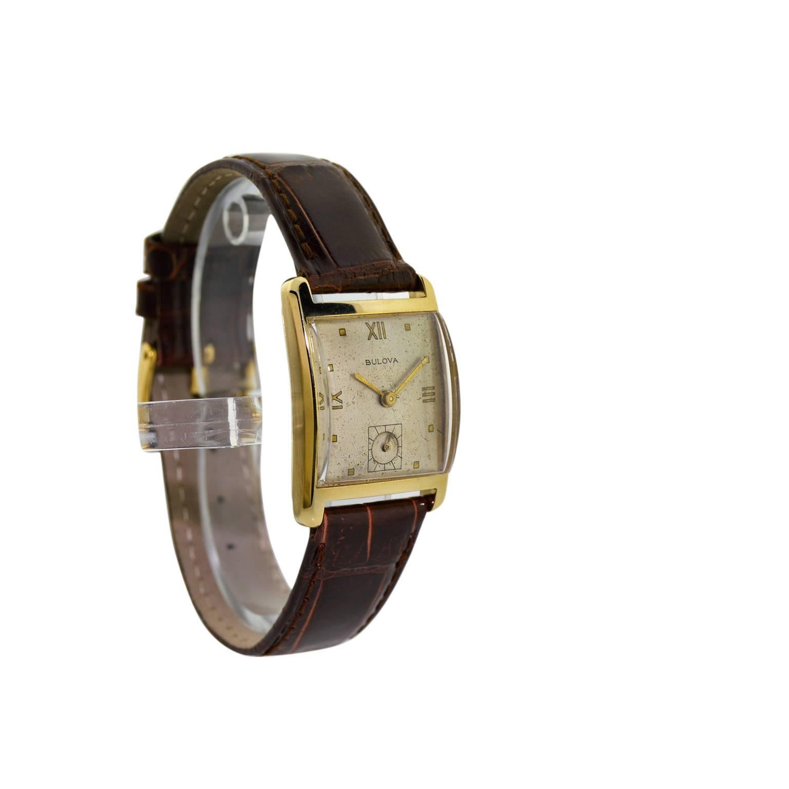 FACTORY / HOUSE: Bulova Watch Company
STYLE / REFERENCE: Tank Style / Art Deco
METAL / MATERIAL: 14Kt. Solid Gold
CIRCA: 1940's
DIMENSIONS: 32mm X 23mm
MOVEMENT / CALIBER: Manual Winding / 17 Jewels / Cal. 8 A.E.
DIAL / HANDS: Original Silvered with