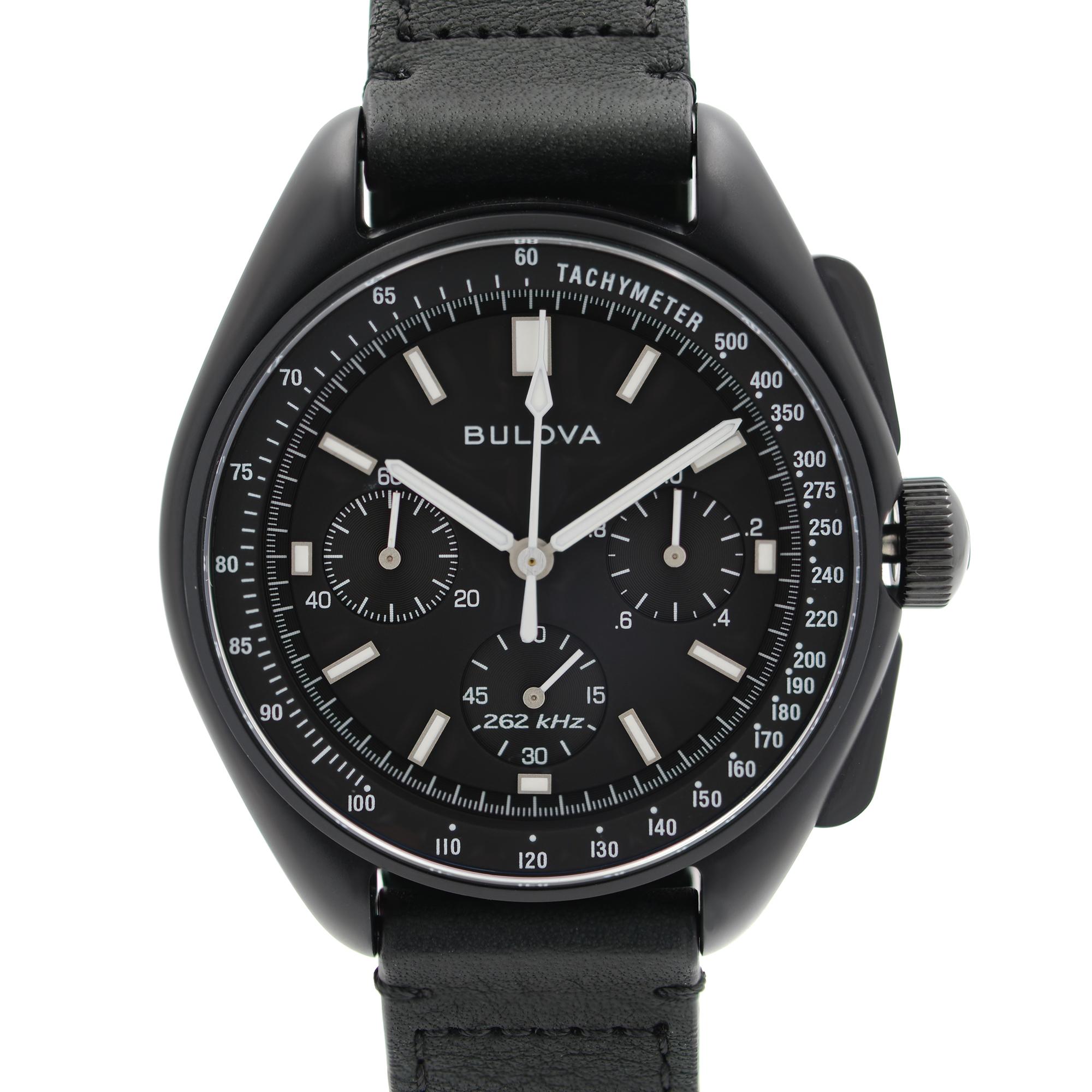 New With Defects Bulova Special Edition Lunar Pilot 45mm Steel Chronograph Black Dial Quartz Men's Watch 98A186. The Band of This Watch is Faded as it Shows in Picture. This Beautiful Timepiece Features: Matte Black Ion-Plated Stainless Steel Case