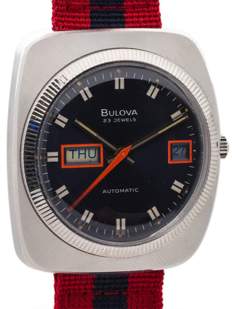 
Colorful and sporty style Bulova man’s cushion shaped case dress model circa 1973. Featuring 35 x 39mm cushion shaped case with brushed finish bezel, fluted white gold filled bezel, acrylic crystal, and very pleasing blue original dial with applied