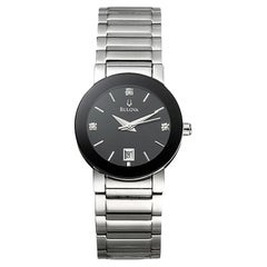 Orologio al quarzo da donna Bulova in acciaio inossidabile con data e quadrante nero con diamanti 96P24
