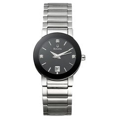 Bulova Montre à quartz Date en acier inoxydable avec cadran en diamant noir pour femmes 96P24