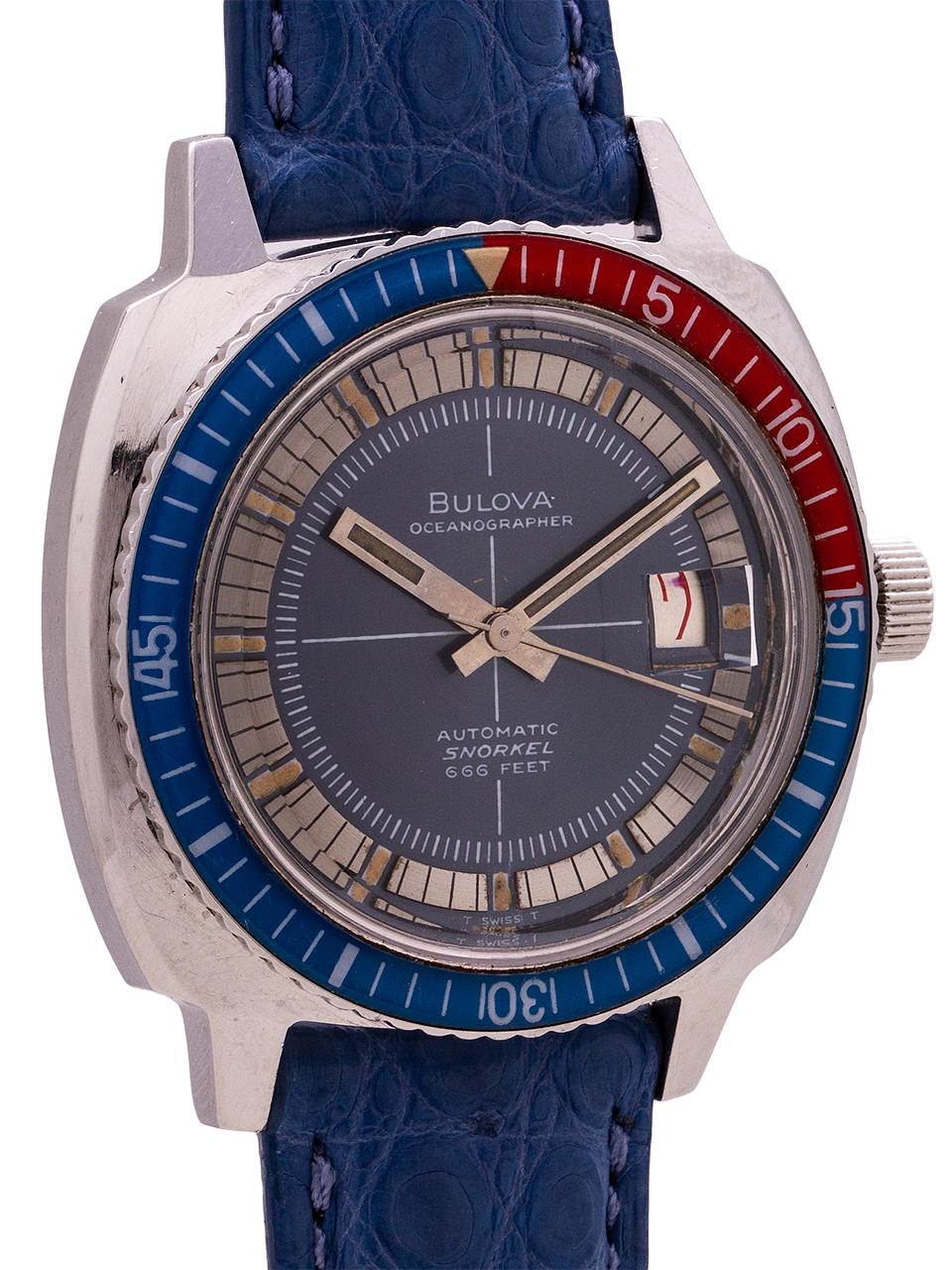 
An exceptional condition and great looking Bulova Oceanographer, a 1970’s steel dive watch with rich color and great graphic details. With 36mm diameter cushion shaped screw down case back with oversize crown, and powered by self winding movement