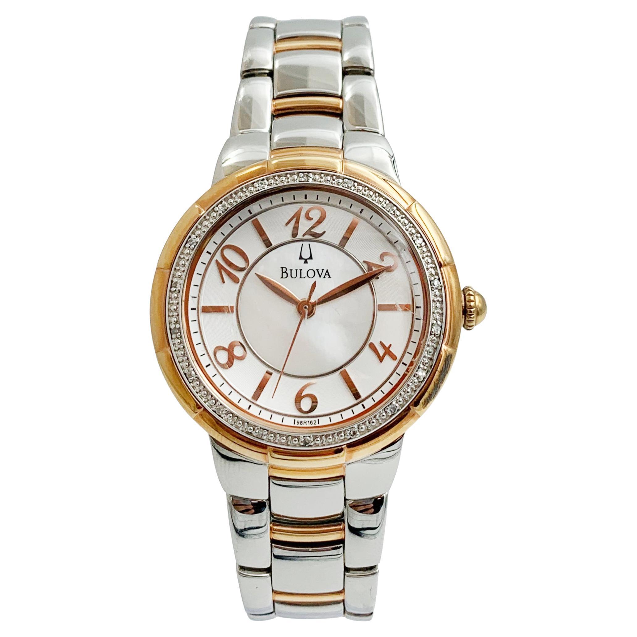 Bulova Stainless Steel Two-Tone Diamond White MOP Dial Ladies Watch 98R162 For Sale