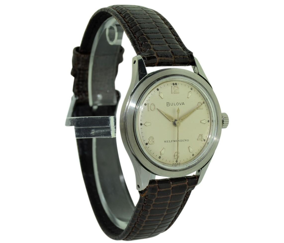 Bulova Steel Art Deco Round Wristwatch, circa 1960s with Original Dial In Excellent Condition In Long Beach, CA