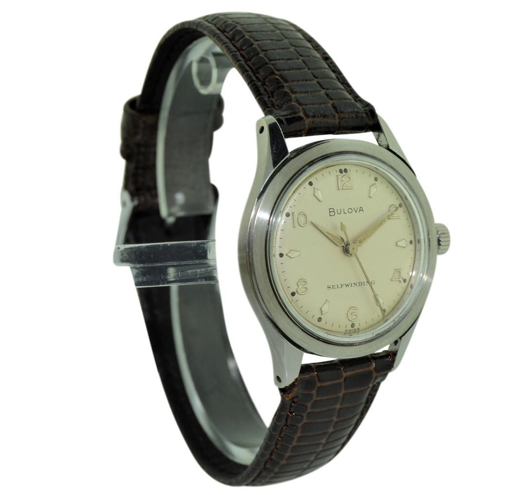 Women's or Men's Bulova Steel Art Deco Round Wristwatch, circa 1960s with Original Dial
