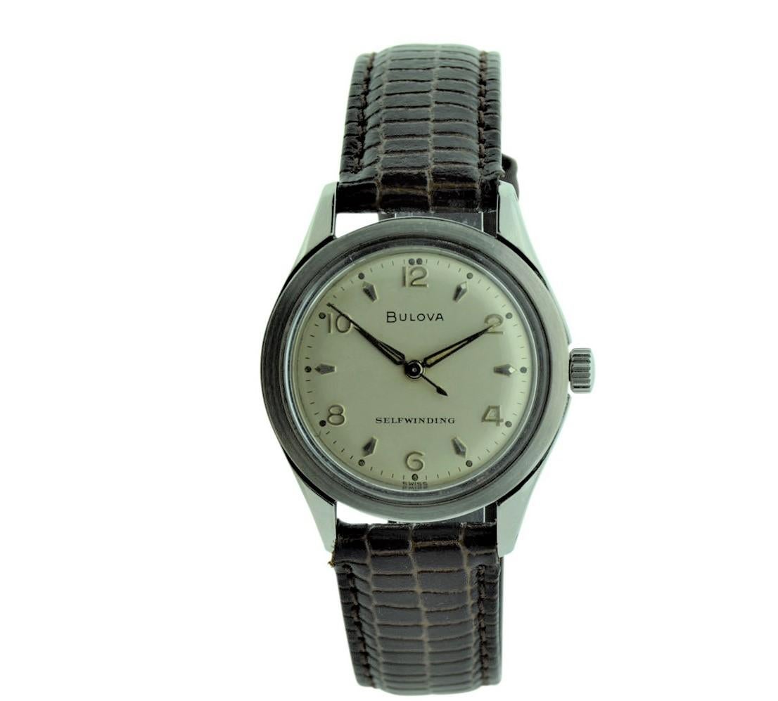 Bulova Steel Art Deco Round Wristwatch, circa 1960s with Original Dial