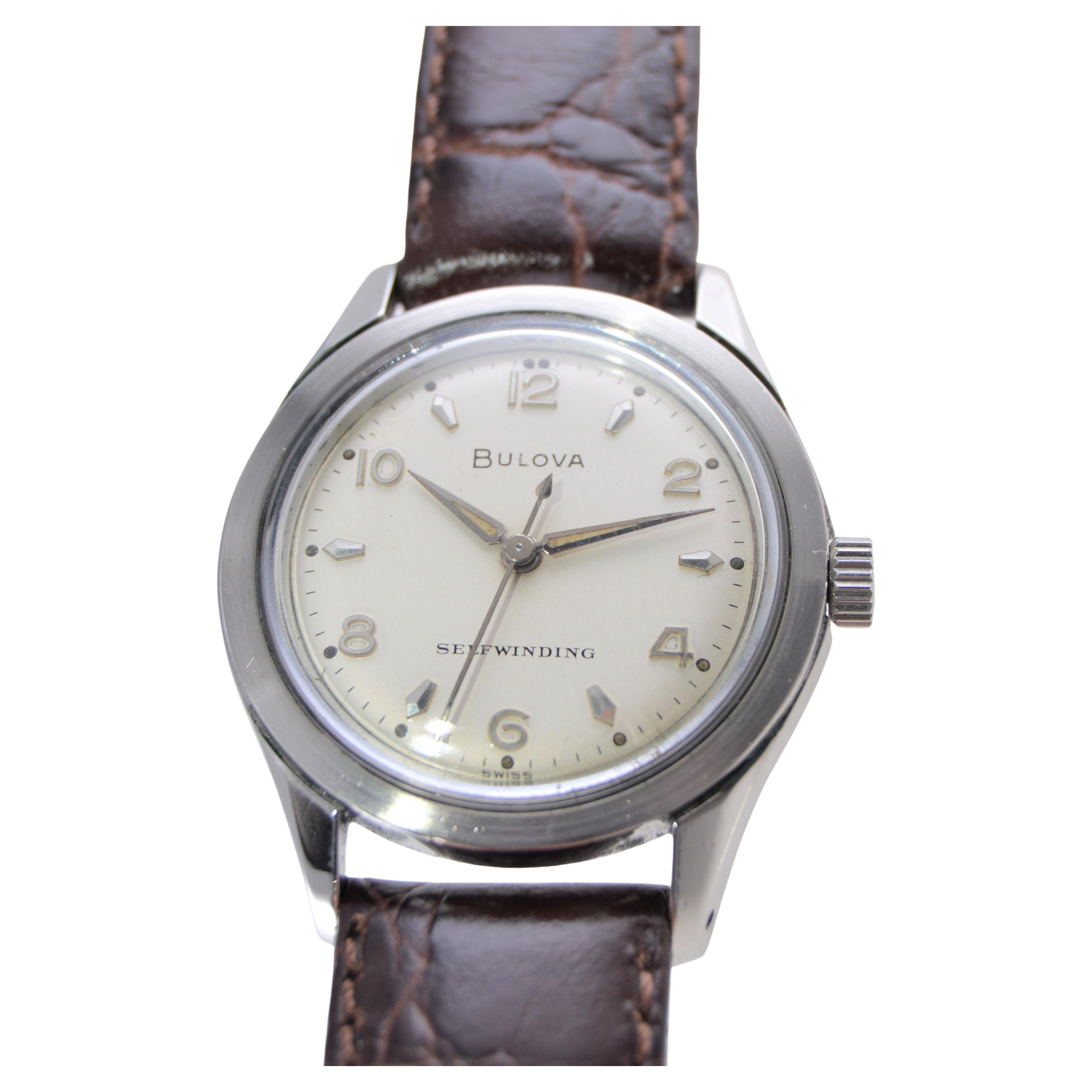 Bulova Steel Art Deco Style Round Wristwatch, circa 1960s with Original Dial For Sale 3