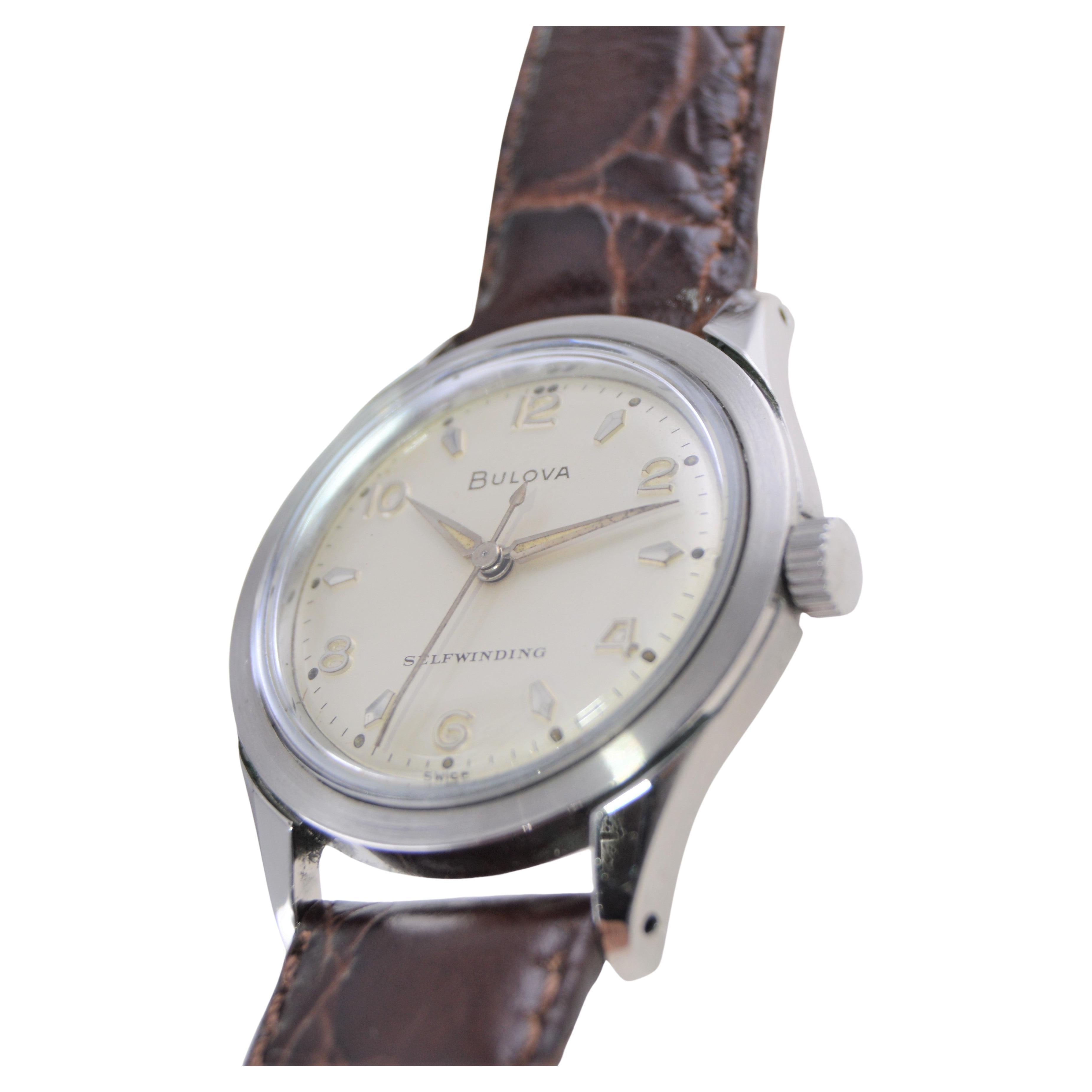 Bulova Steel Art Deco Style Round Wristwatch, circa 1960s with Original Dial For Sale 4