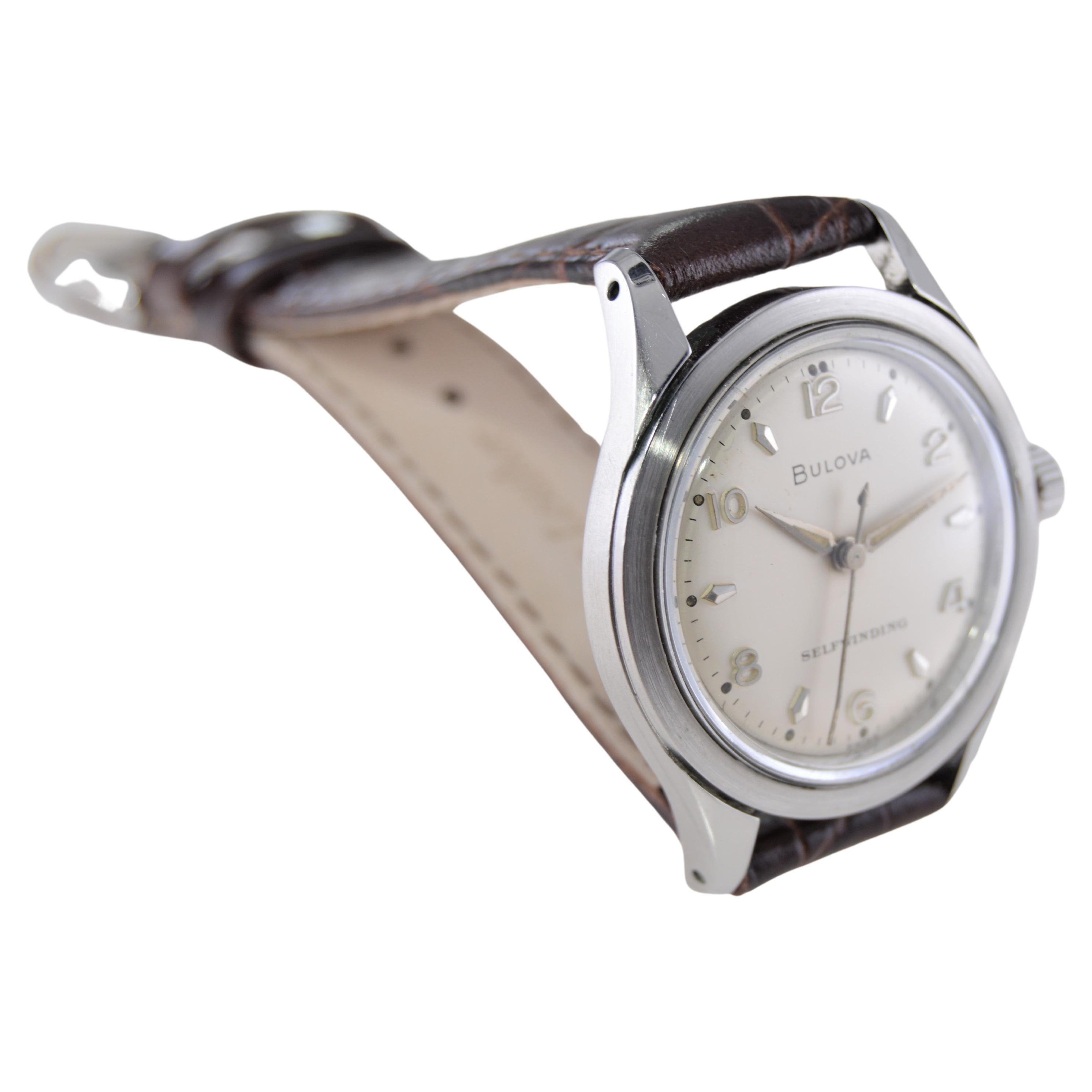 Women's or Men's Bulova Steel Art Deco Style Round Wristwatch, circa 1960s with Original Dial For Sale