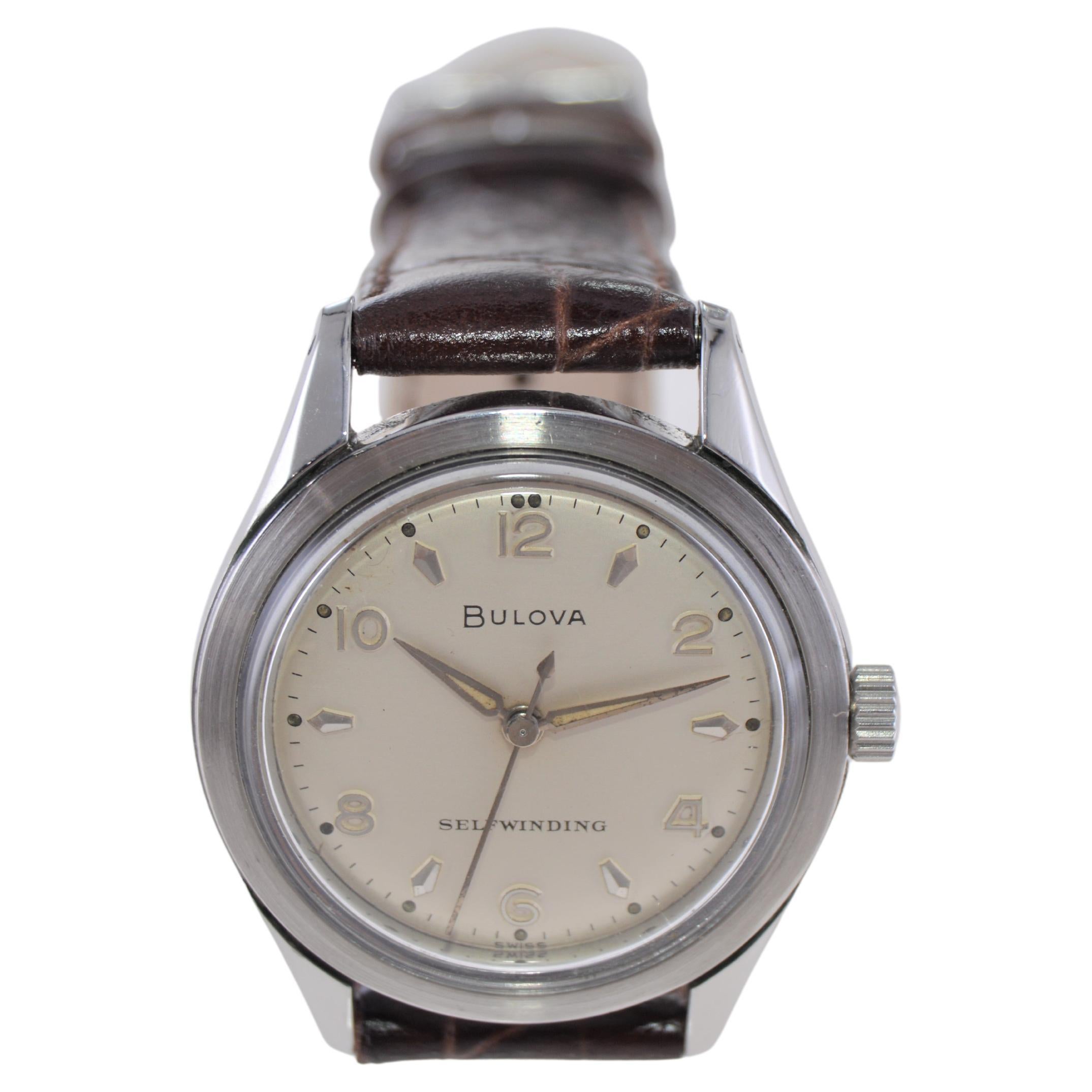 Bulova Steel Art Deco Style Round Wristwatch, circa 1960s with Original Dial For Sale 1