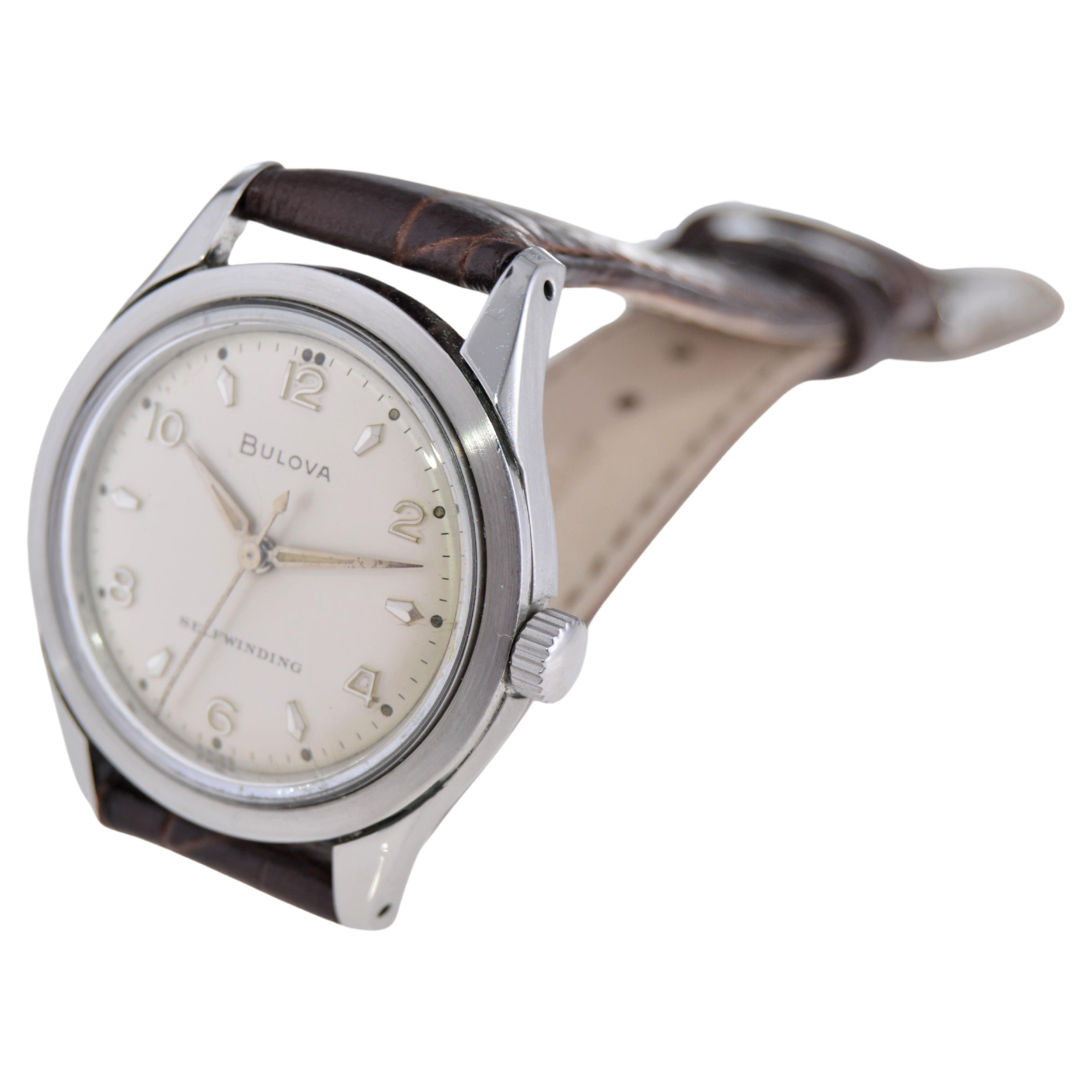 Bulova Steel Art Deco Style Round Wristwatch, circa 1960s with Original Dial For Sale 2