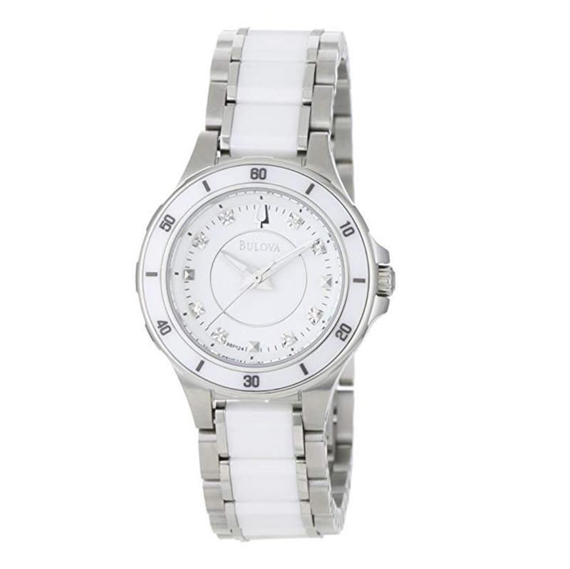 This New Without Tags Bulova 98P124 is a beautiful men's timepiece that is powered by a quartz movement which is cased in a stainless steel case. It has a round shape face, dial and has hand diamonds style markers. It is completed with a stainless &