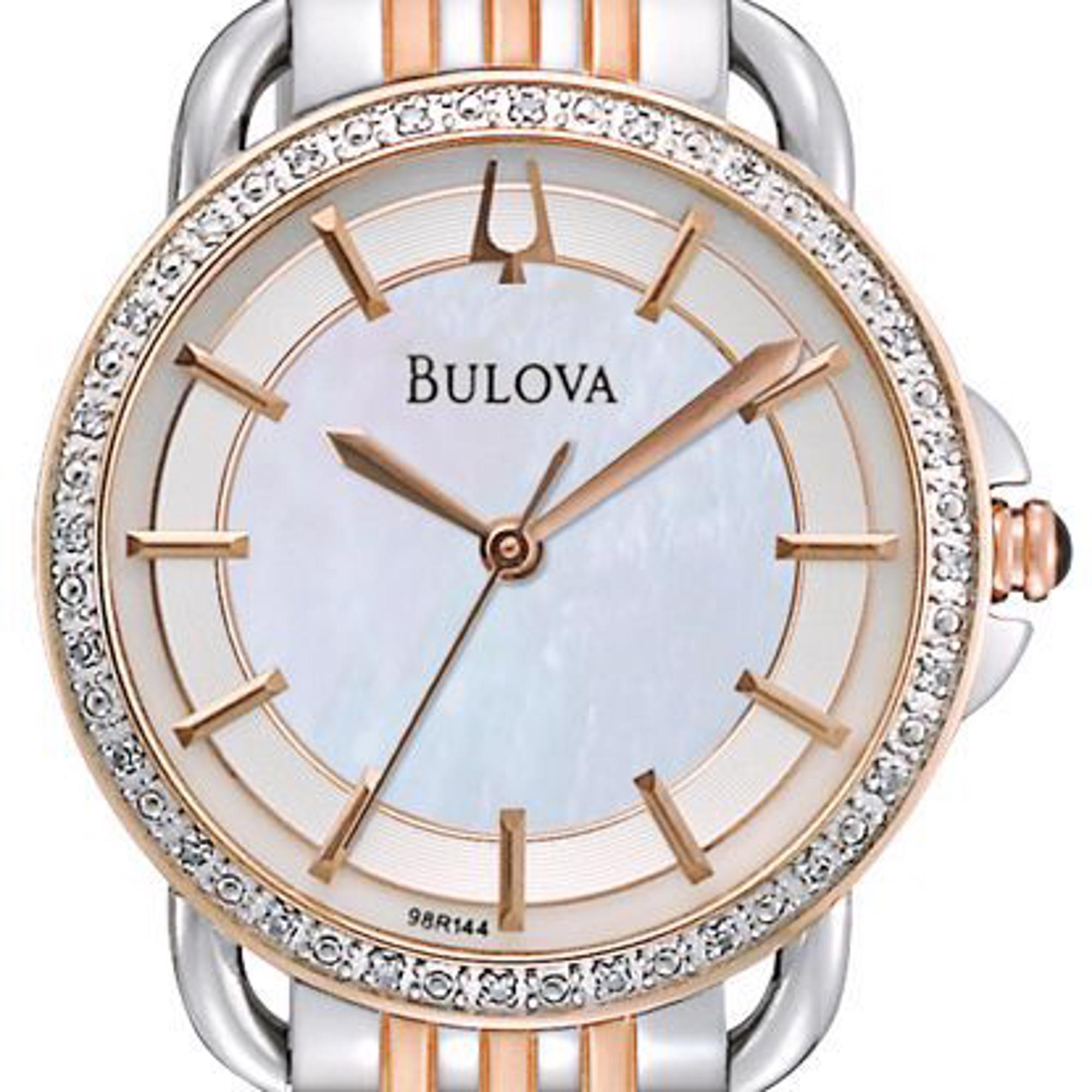 Pre-owned Bulova Two Tone Steel Diamond MOP Sticks Dial Ladies Quartz Watch 98R144 Minor Discoloration on the Gold-Tone Bracelet and Scratches from Handling. This Beautiful Timepiece is Powered by a Quartz Movement and Features: Stainless Steel Case