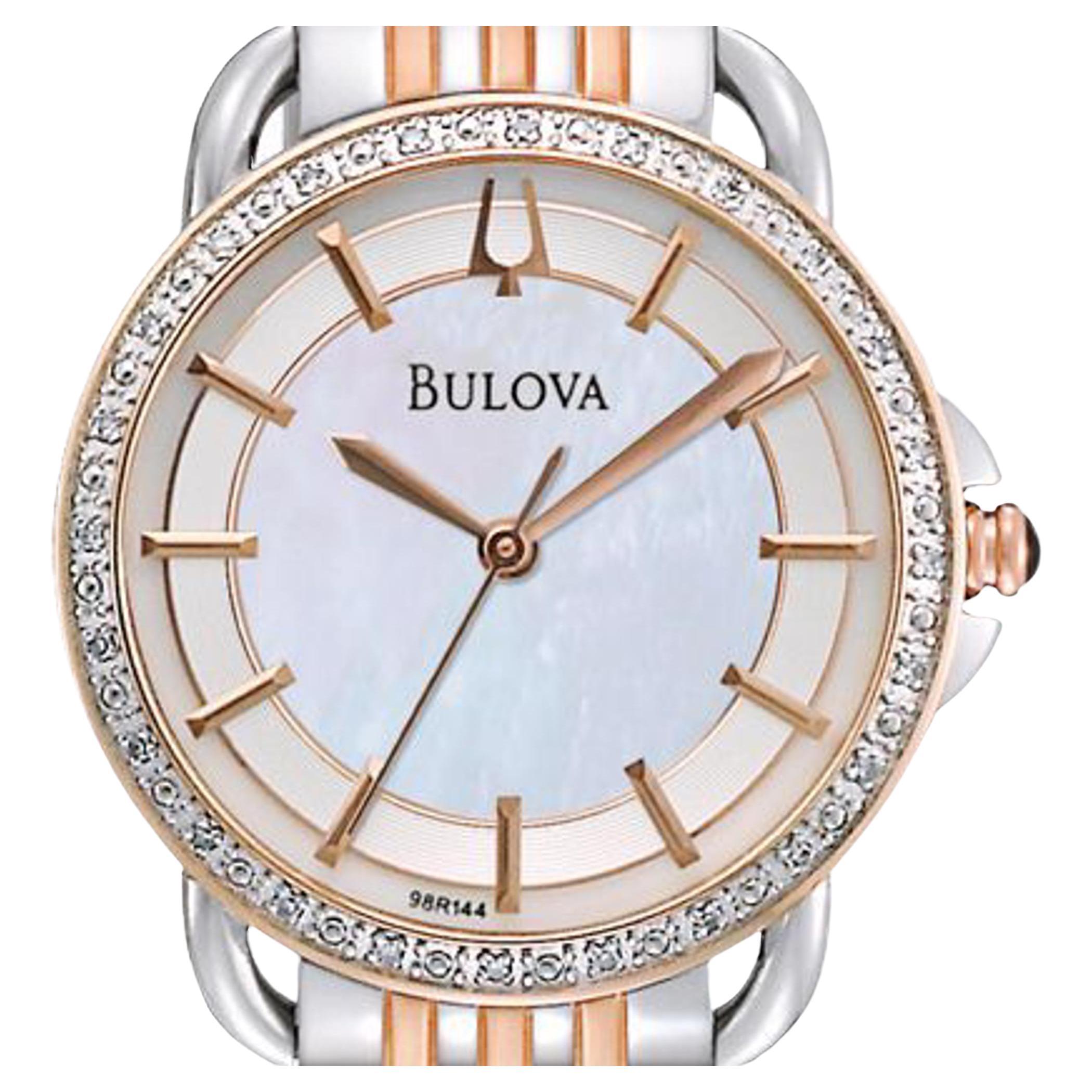 Bulova Two Tone Steel Diamond MOP Sticks Dial Ladies Quartz Watch 98R144 For Sale