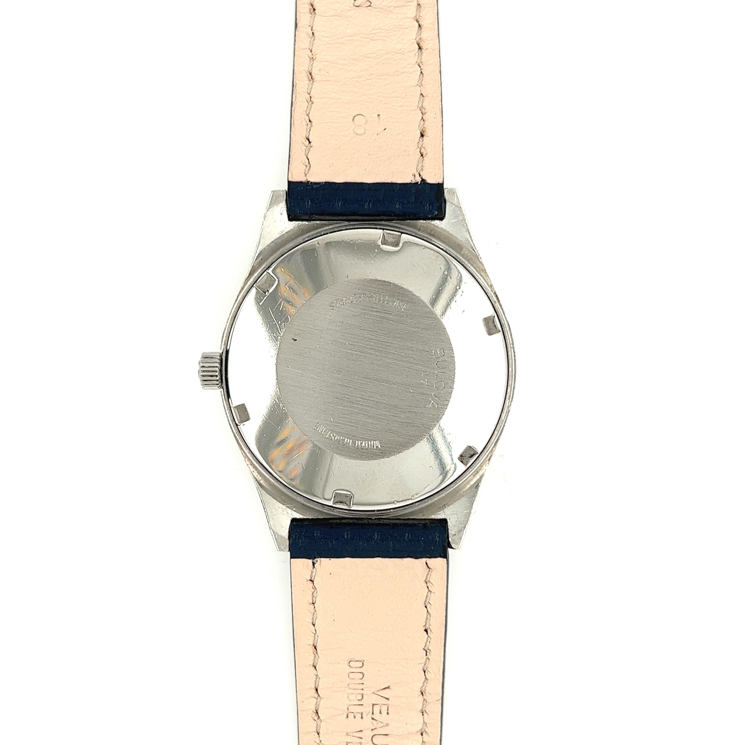 Bulova Uhr, Set-o-Matic, blaues Zifferblatt

Diese Vintage-Armbanduhr mit Automatikaufzug ist ein wahres Juwel der Uhrmacherkunst und zeichnet sich durch ihre revolutionäre 