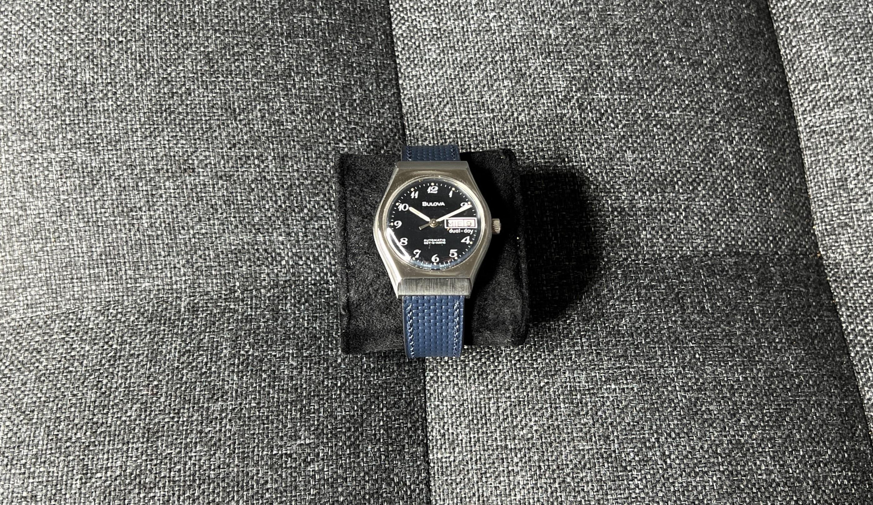 Bulova-Uhr, Set-o-matic, blaues Zifferblatt aus Edelstahl im Angebot 3