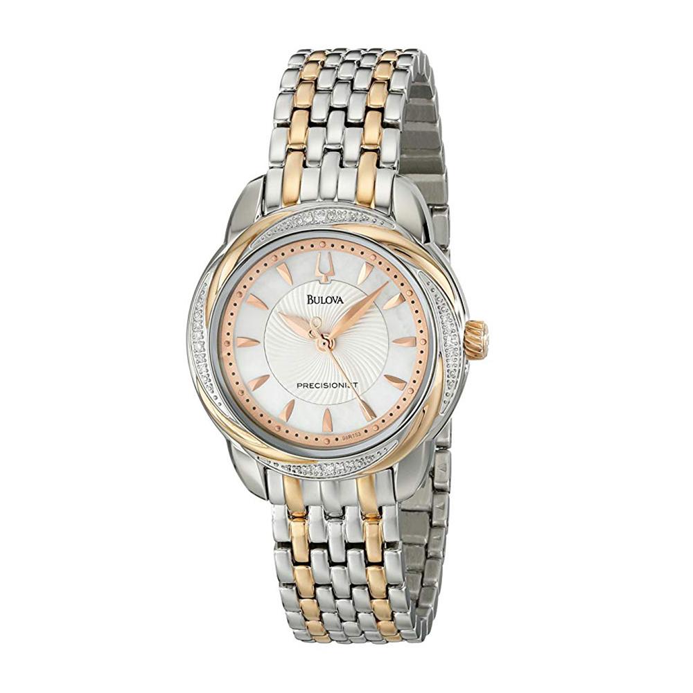 This New Without Tags Bulova Precisionist 98R153 is a beautiful Ladies timepiece that is powered by a quartz movement which is cased in a stainless steel case. It has a round shape face, dial and has hand sticks style markers. It is completed with a